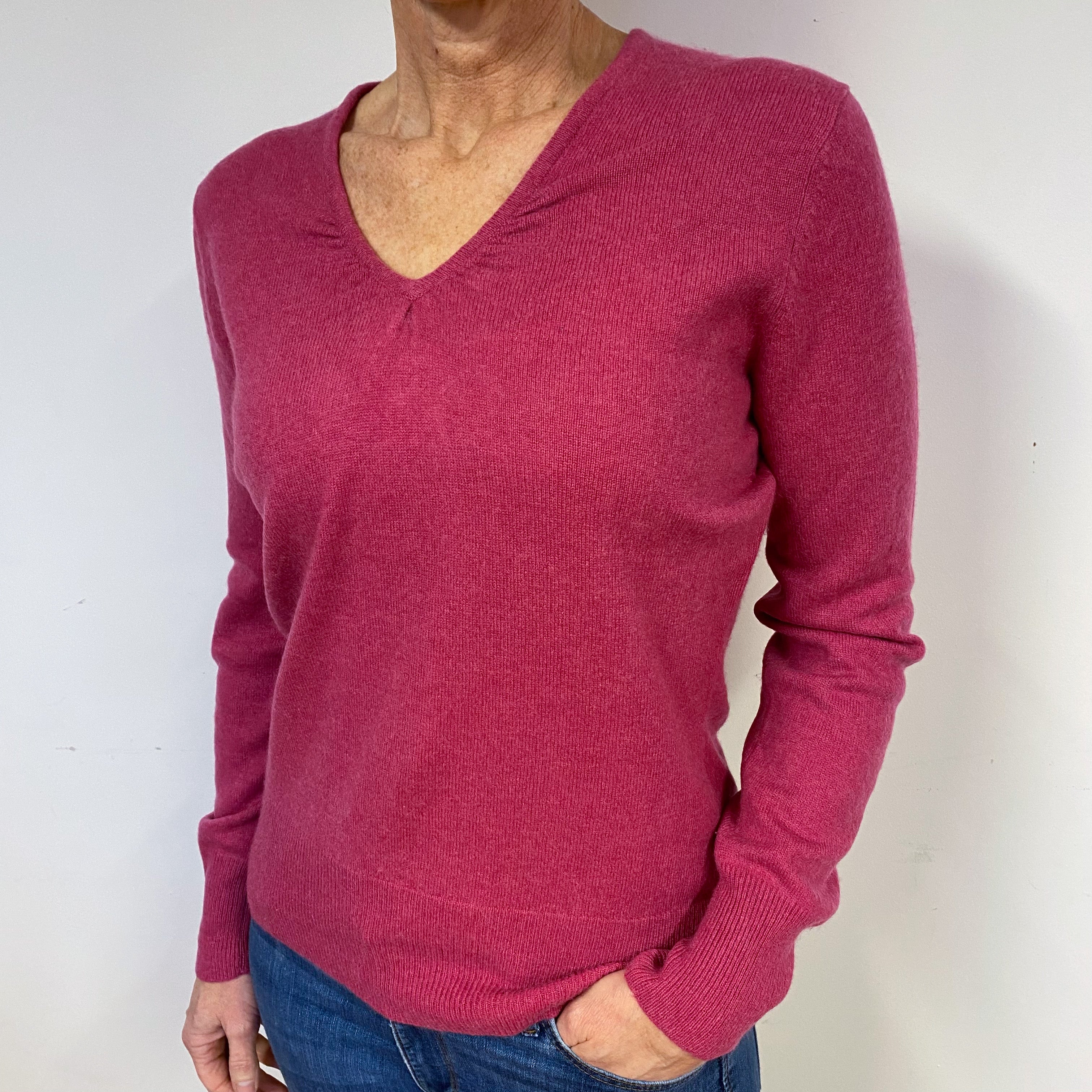 Raspberry Pink Ruched Cashmere V-Neck Jumper Medium