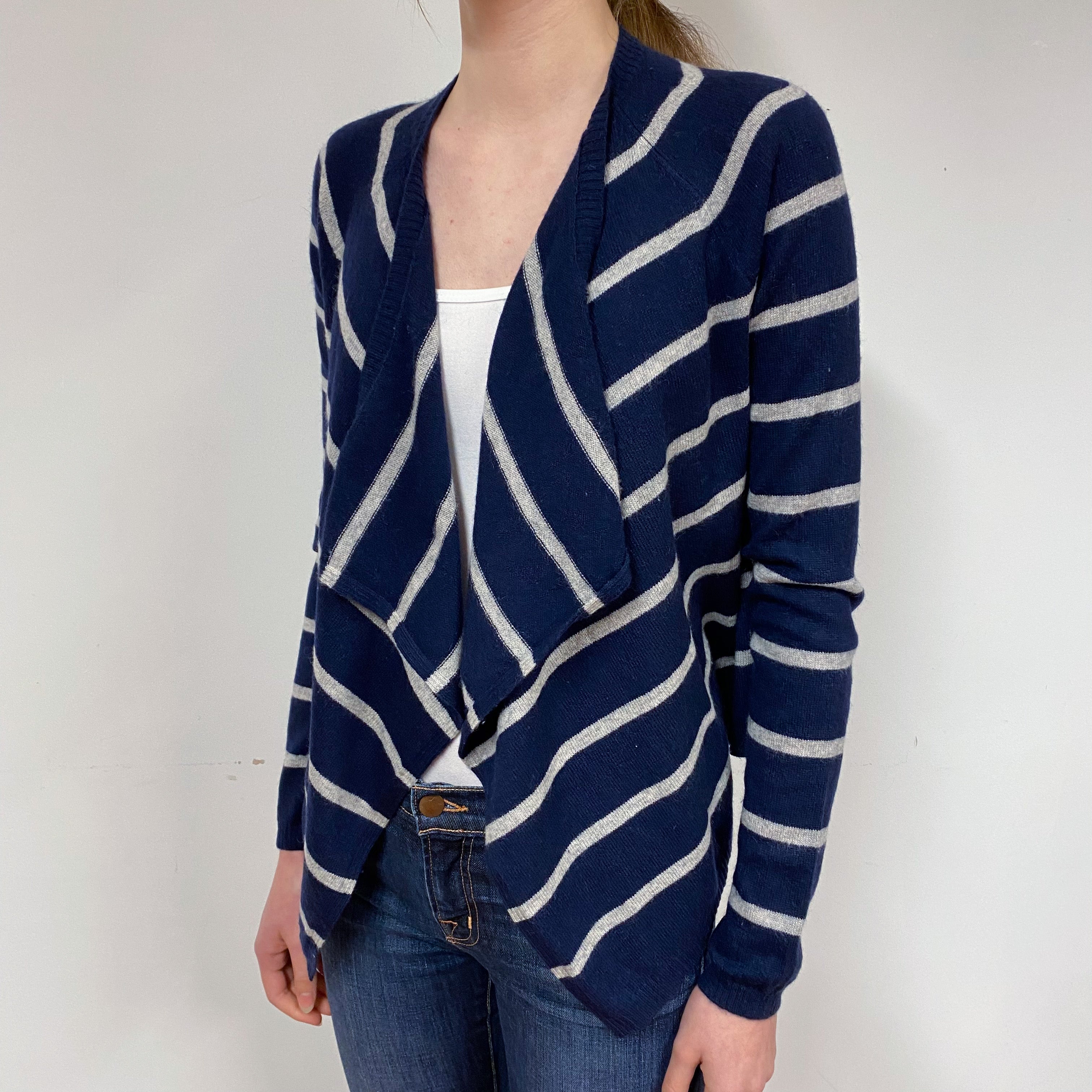 Navy Stripe Cashmere Edge to Edge Cardigan Extra Small