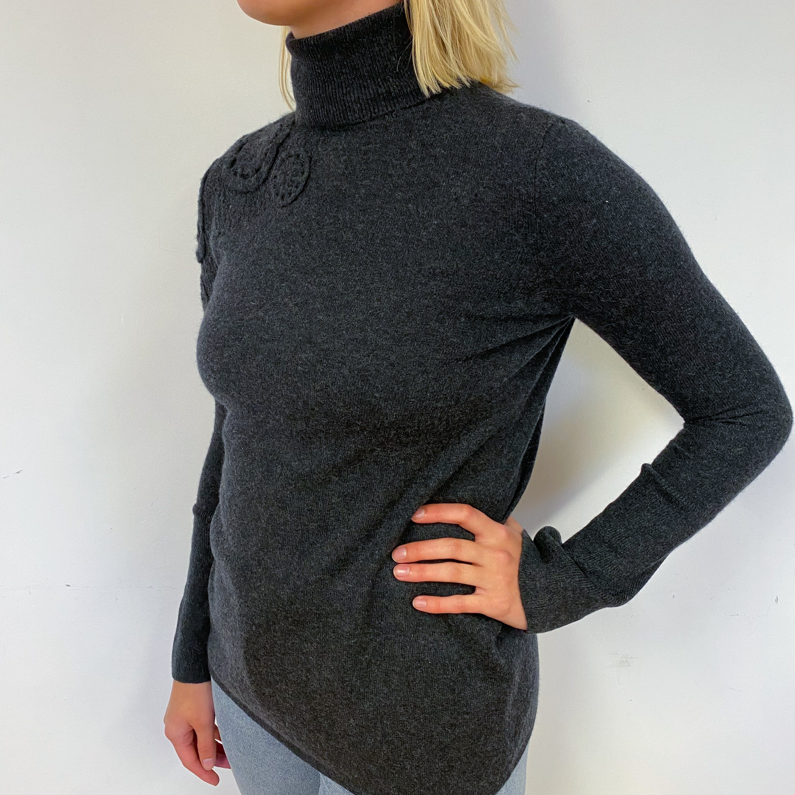Charcoal Grey Cashmere Polo Neck Jumper Small