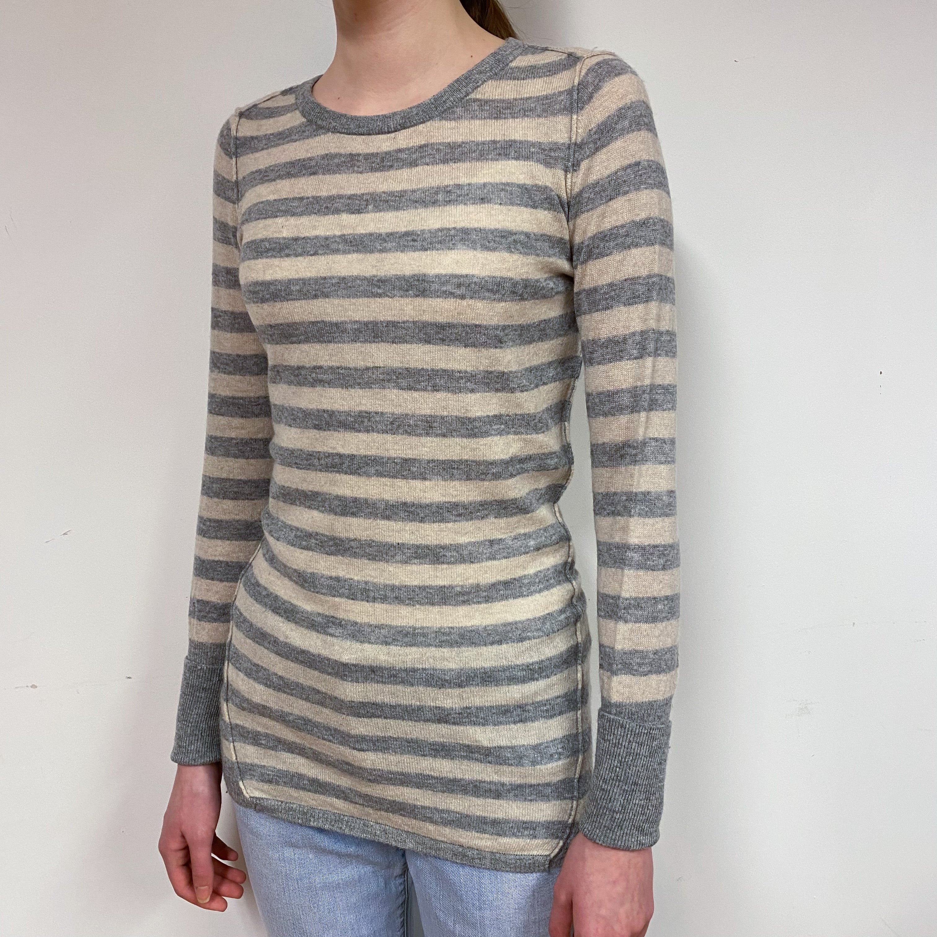 Grey Oatmeal Stripe Cashmere Crew Neck Jumper Extra Small