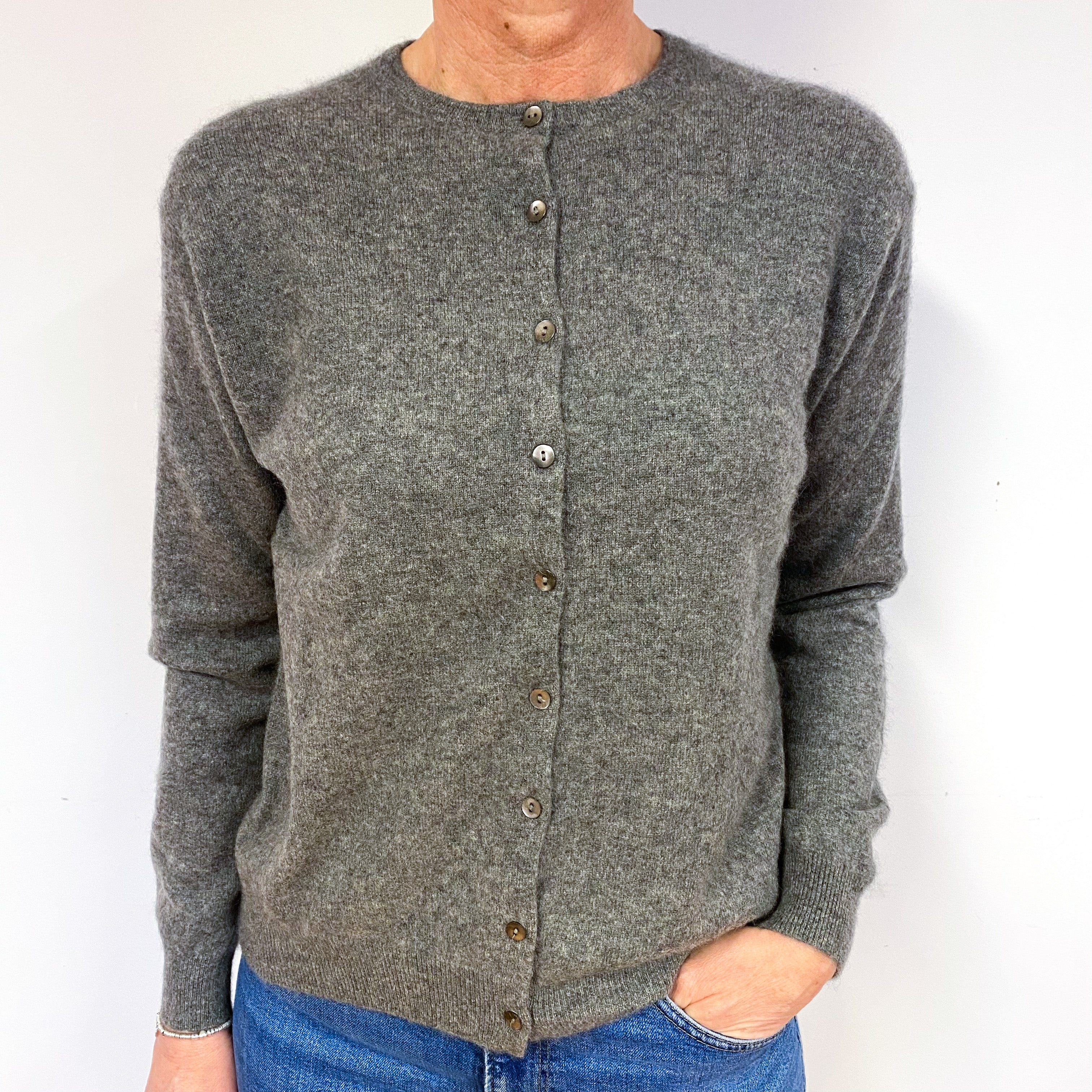 Slate Grey Cashmere Crew Neck Cardigan Medium