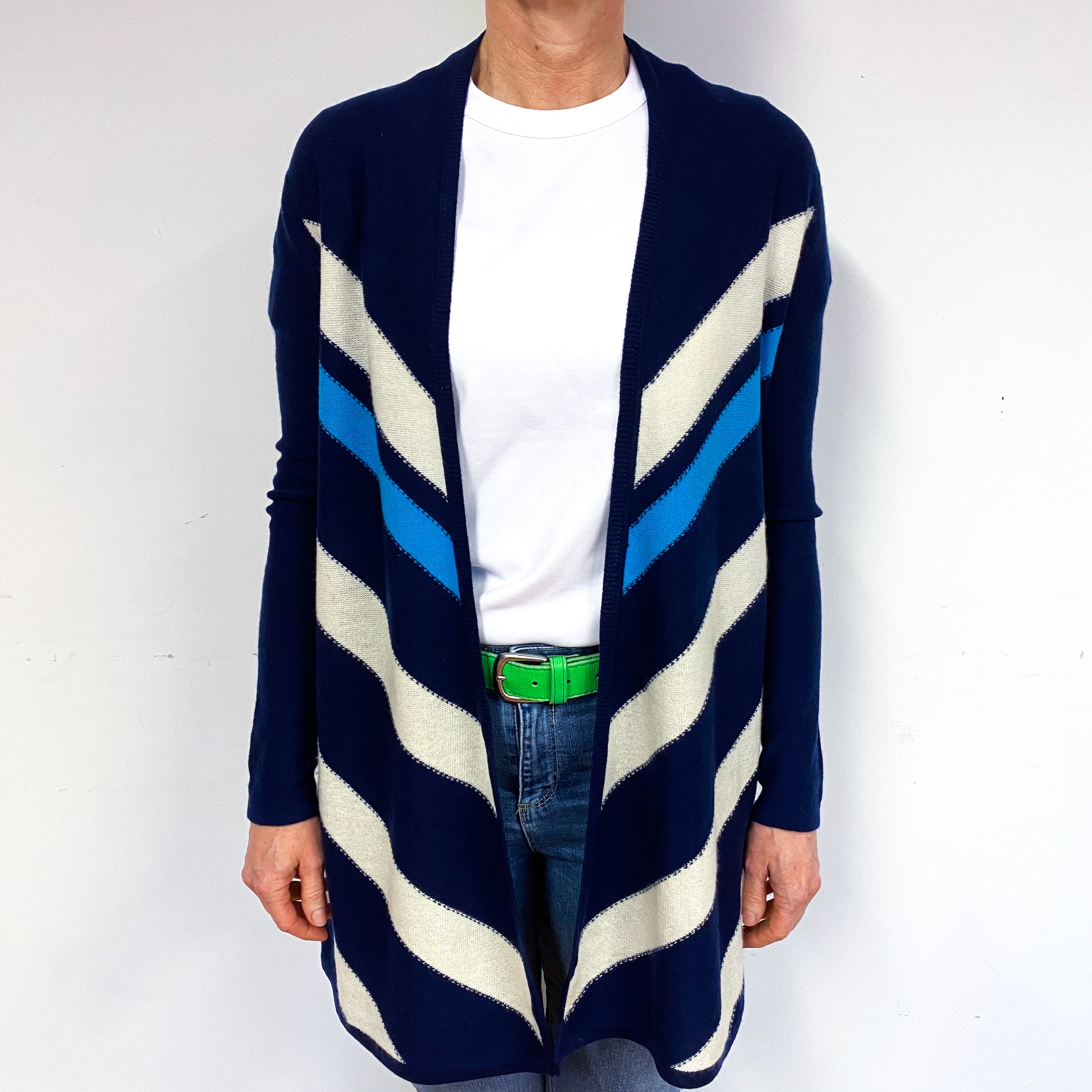 Navy Blue Stripe Cashmere Edge to Edge Cardigan Medium
