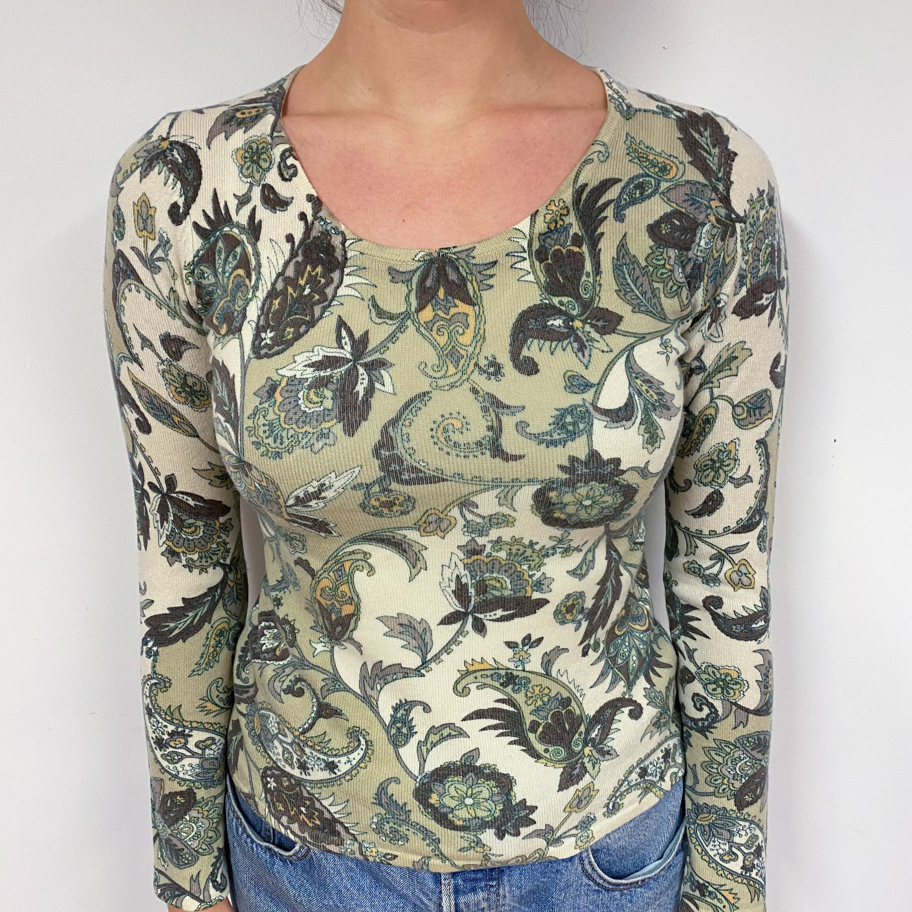 Soft Green Paisley Cashmere Crew Neck Jumper Small