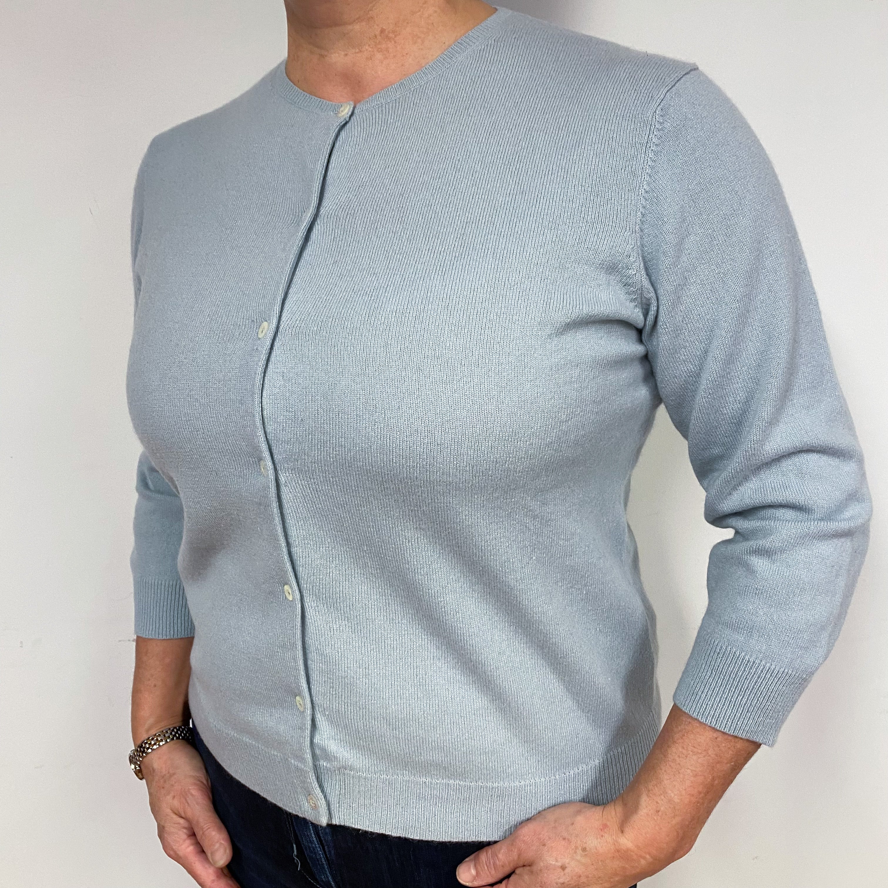 Ice Blue 3/4 Sleeve Cashmere Crew Neck Cardigan Large