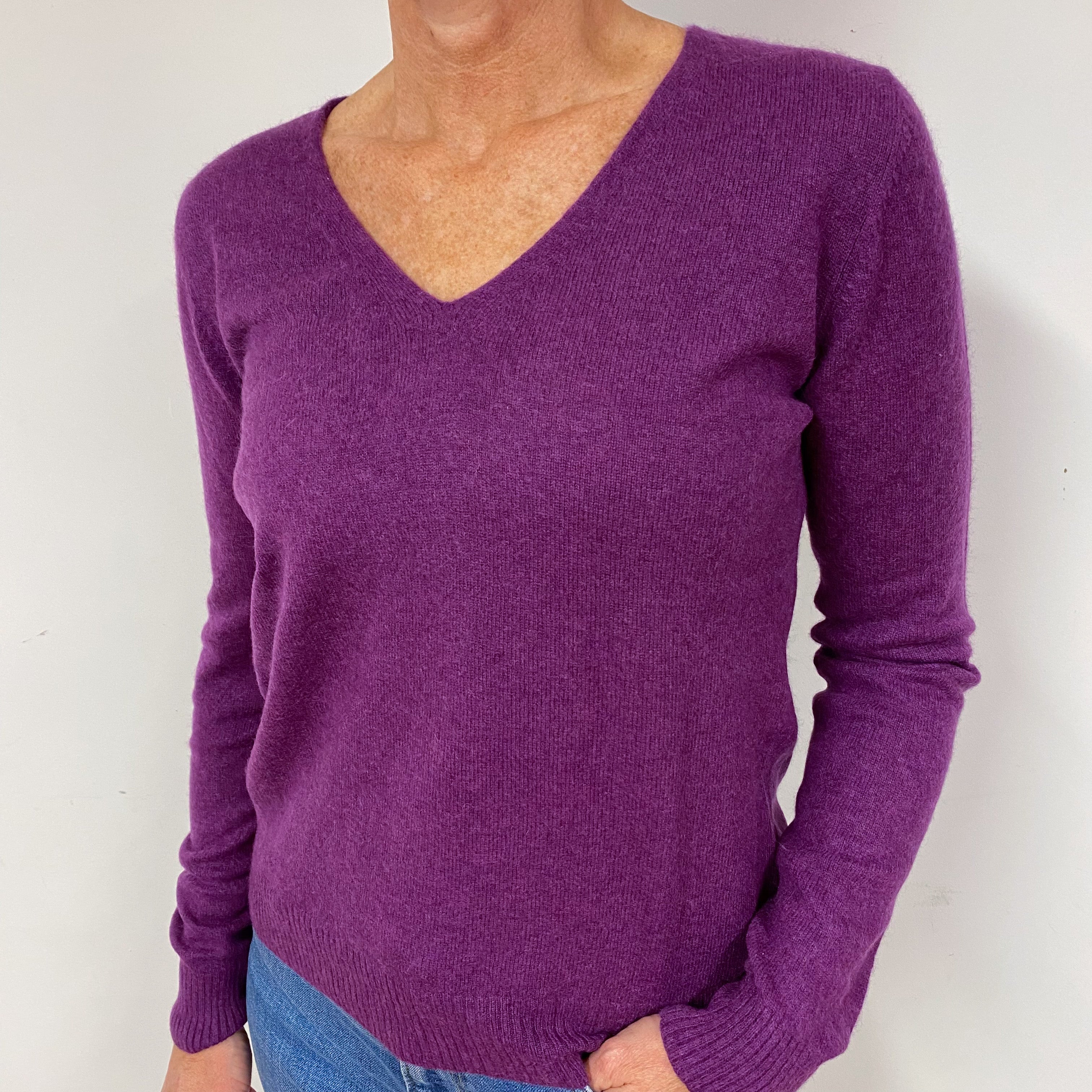 Plum Purple Cashmere V-Neck Jumper Medium