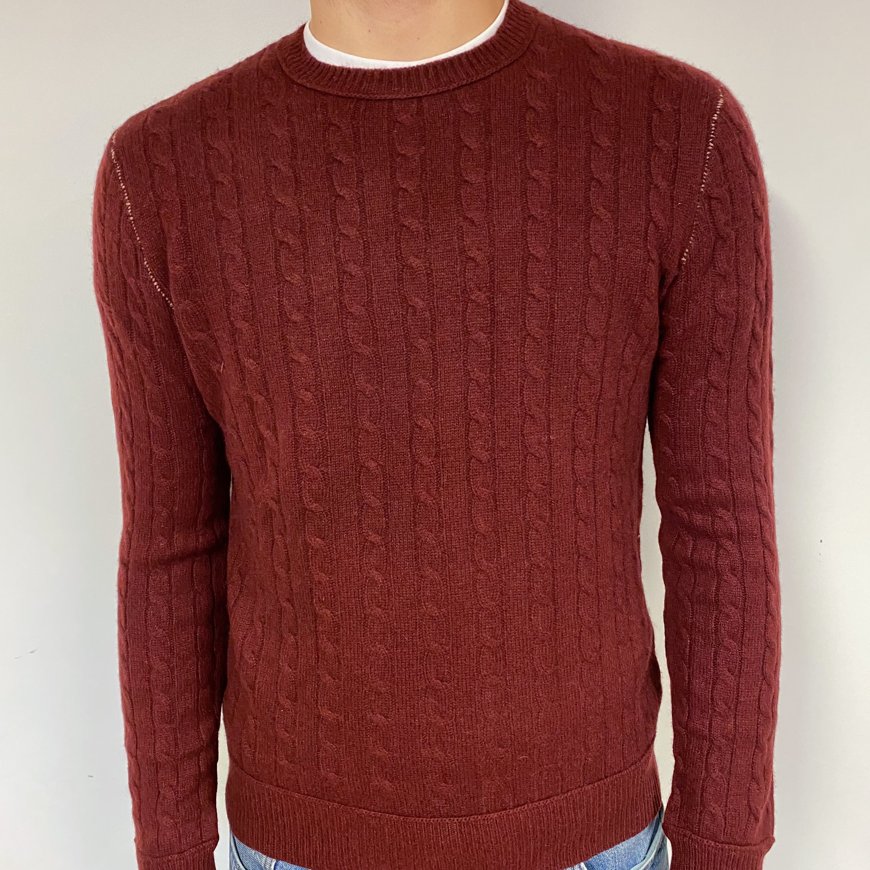 Men's Maroon Red Cable Cashmere Crew Neck Jumper Medium