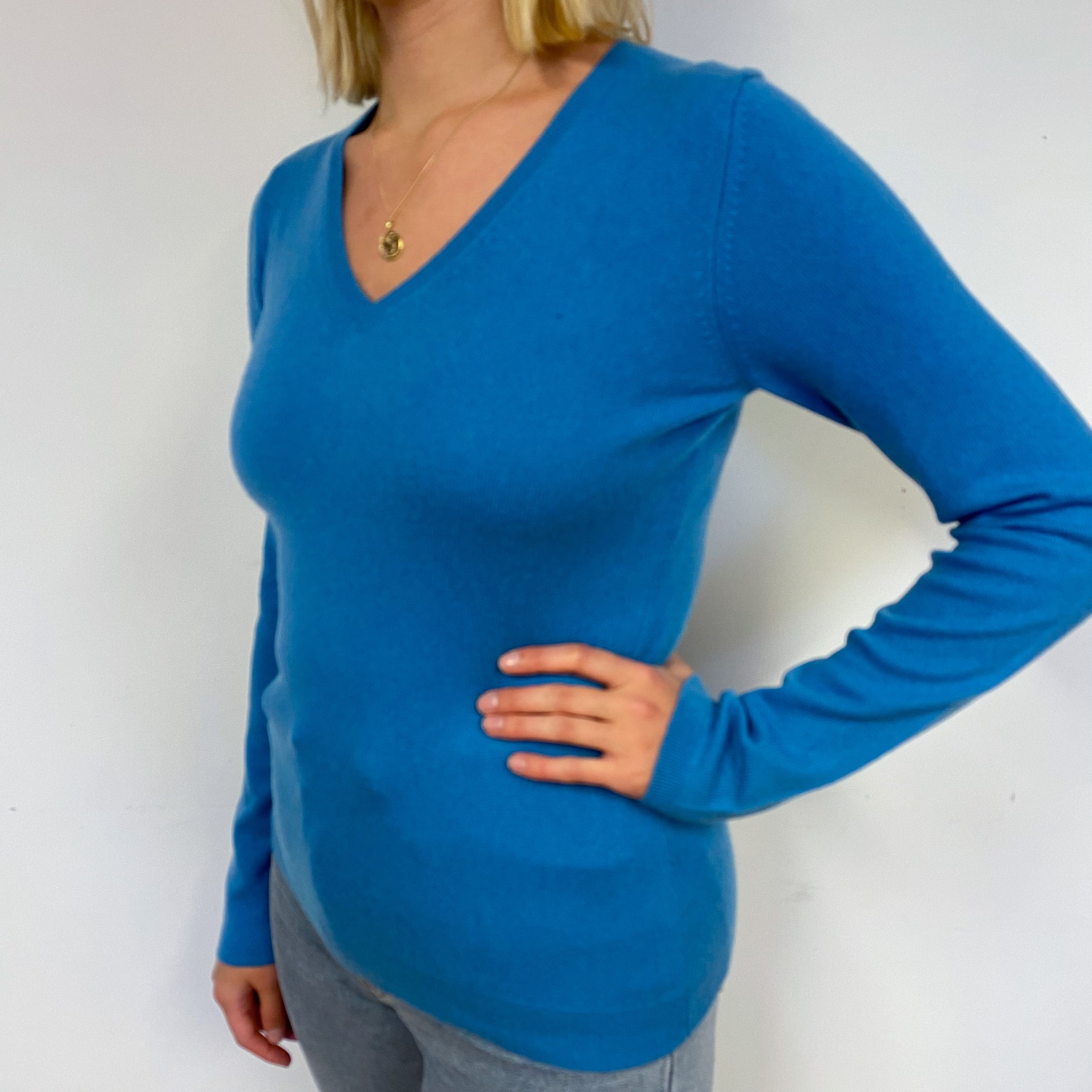 Ocean Blue Cashmere V-Neck Jumper Small