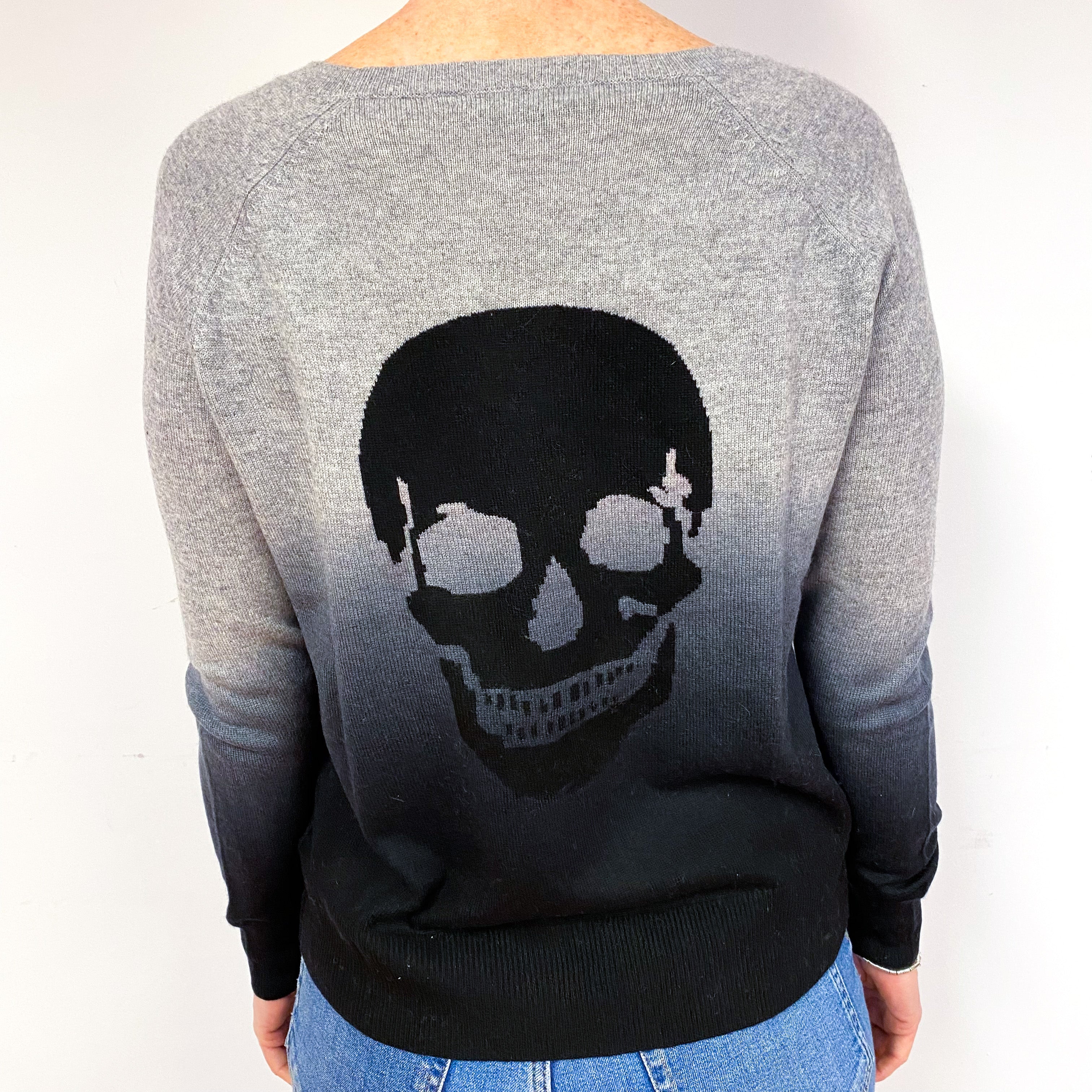 Grey Ombre Skull Motif Cashmere Crew Neck Jumper Medium