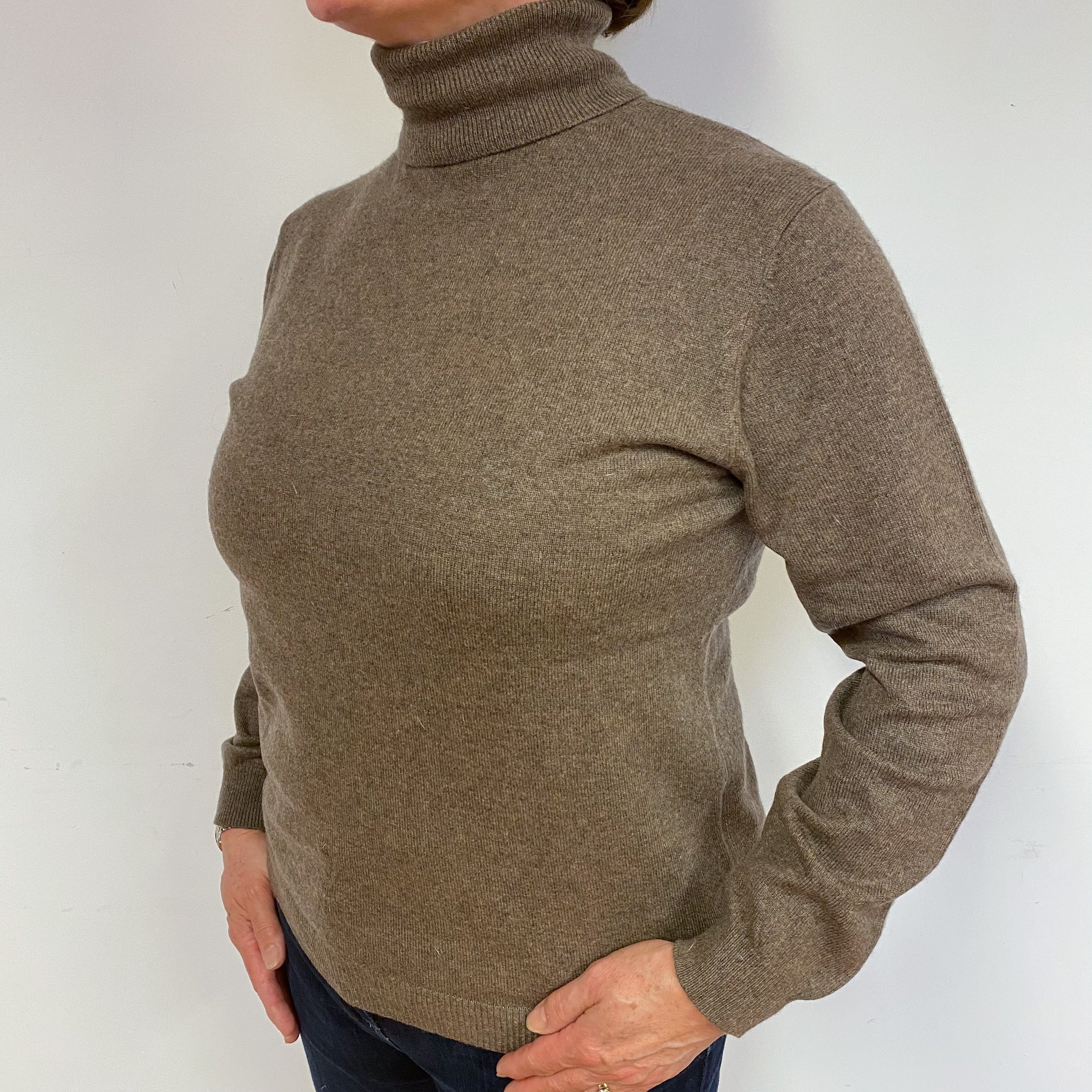 Mocha Brown Cashmere Polo Neck Jumper Large
