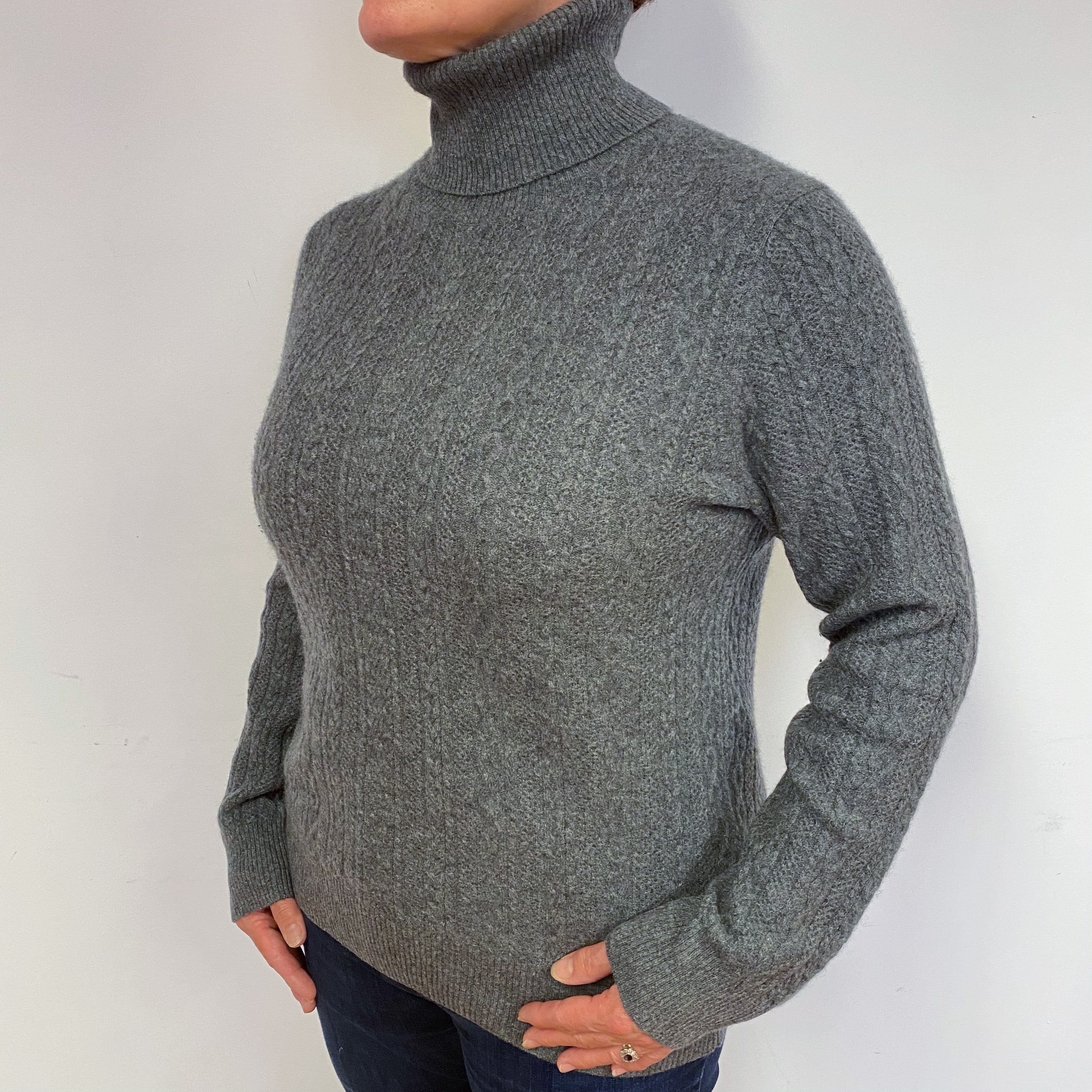 Slate Grey Cable Cashmere Polo Neck Jumper Large