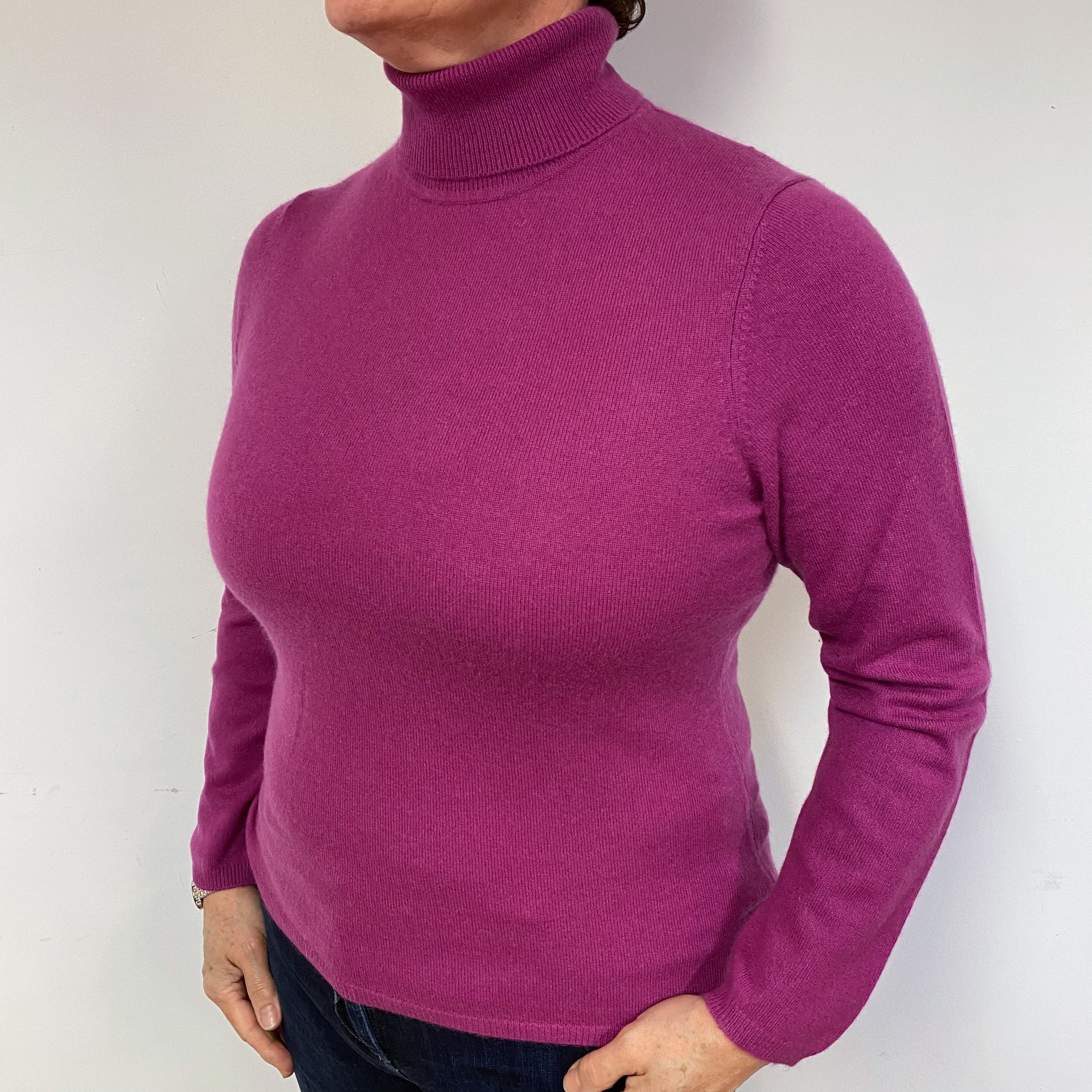 Slim Magenta Pink Cashmere Polo Neck Jumper Large
