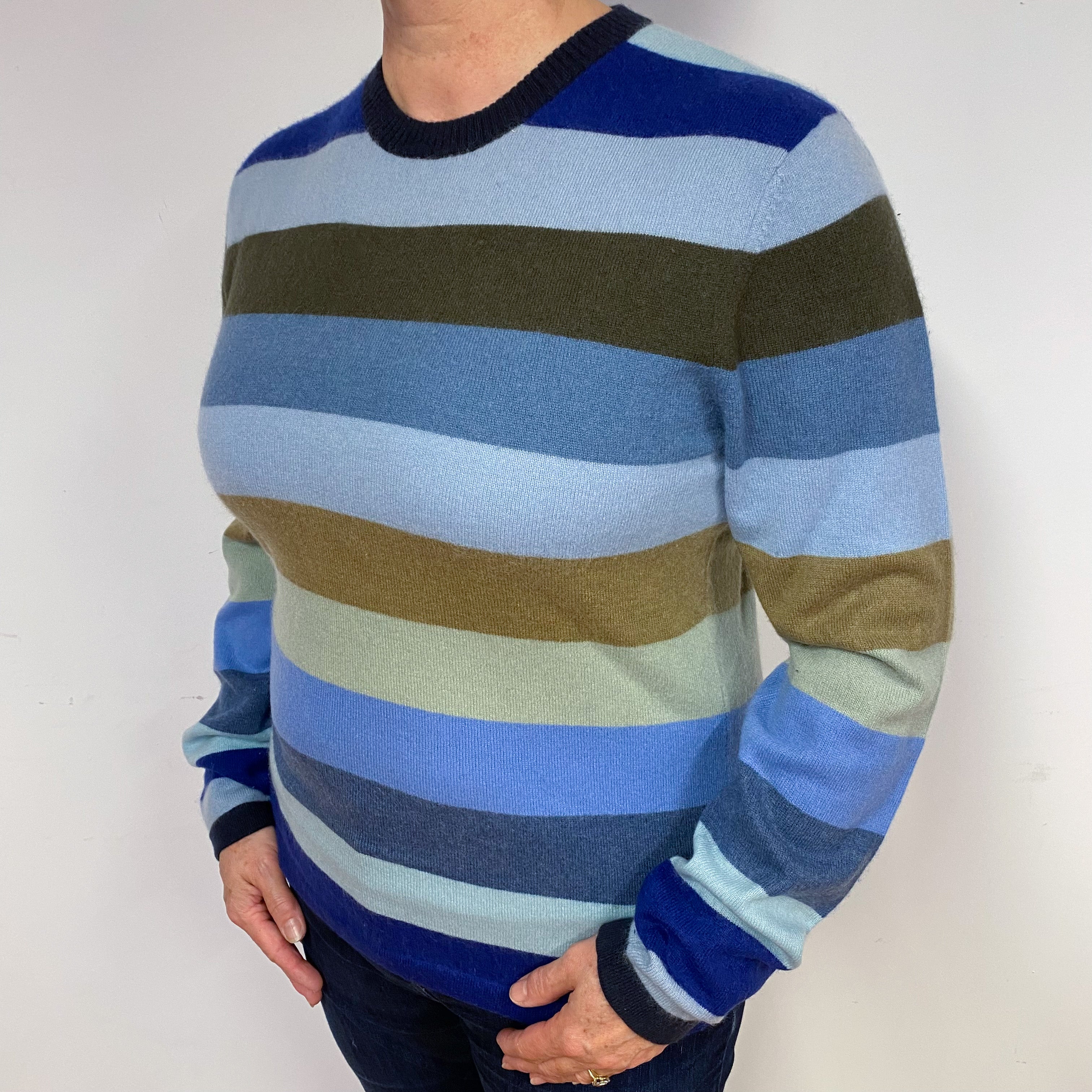 Blue Striped Cashmere Crew Neck Jumper Large