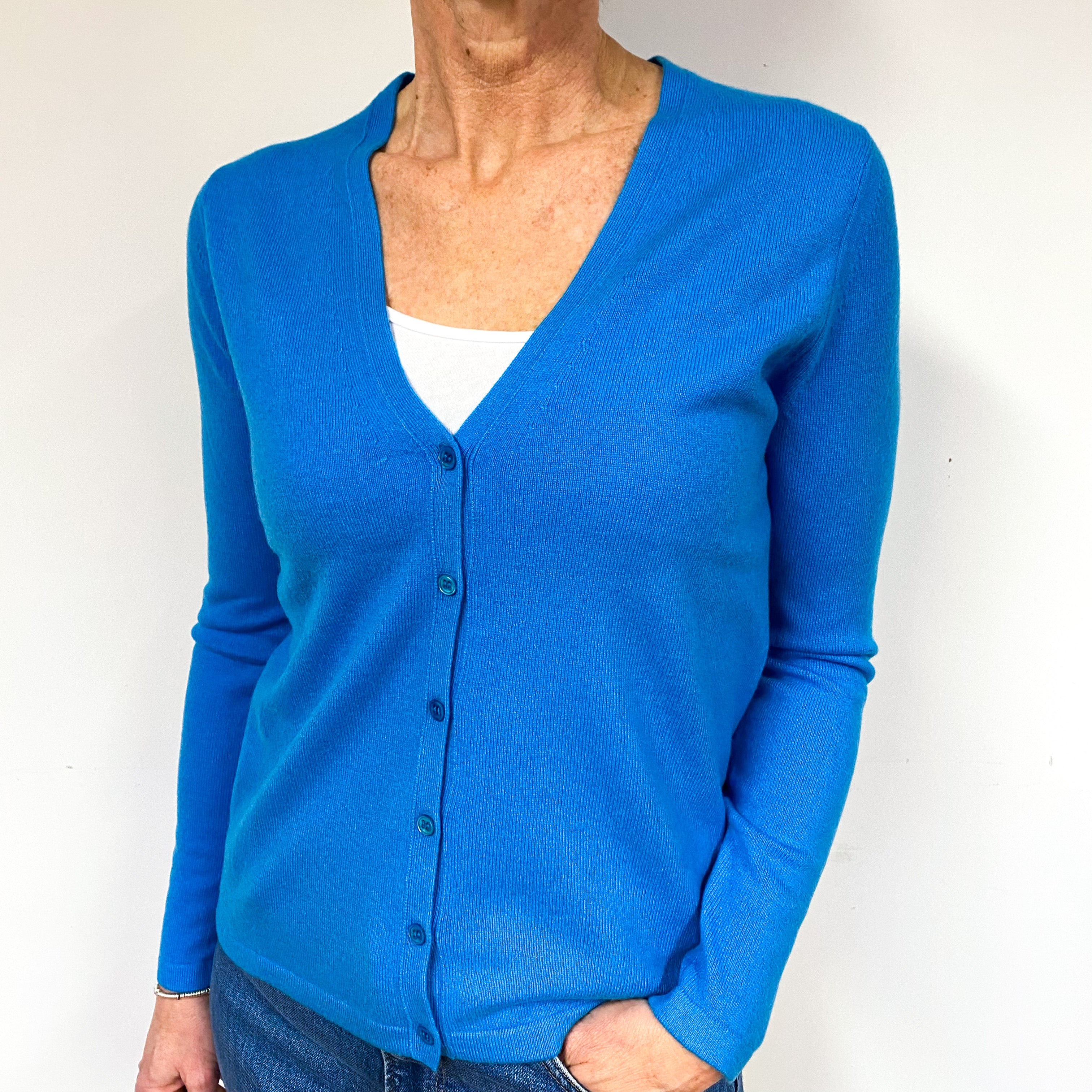 Deep Aqua Blue Cashmere V- Neck Cardigan Medium