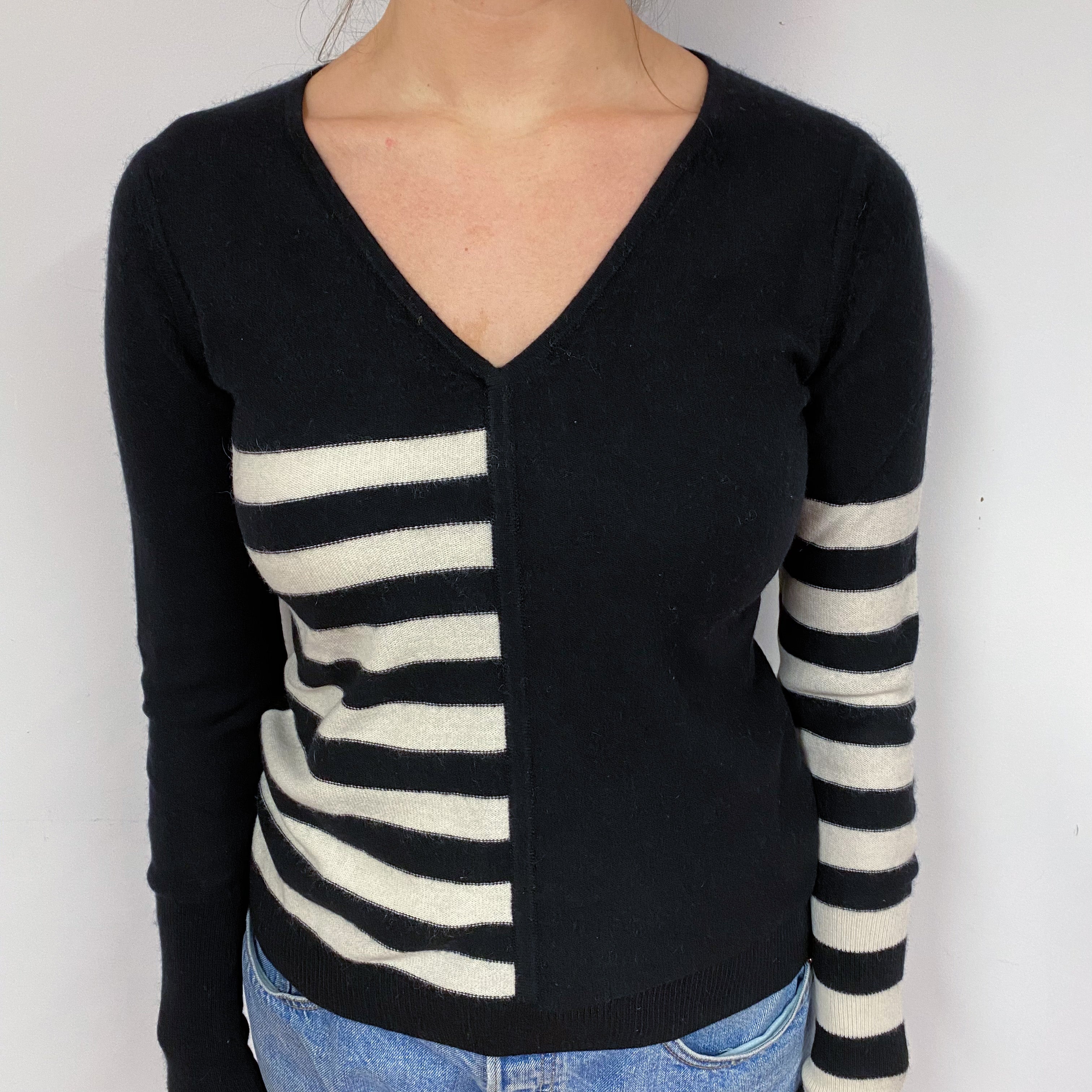 Jaeger Ivory Stripe Cashmere V-Neck Jumper Small