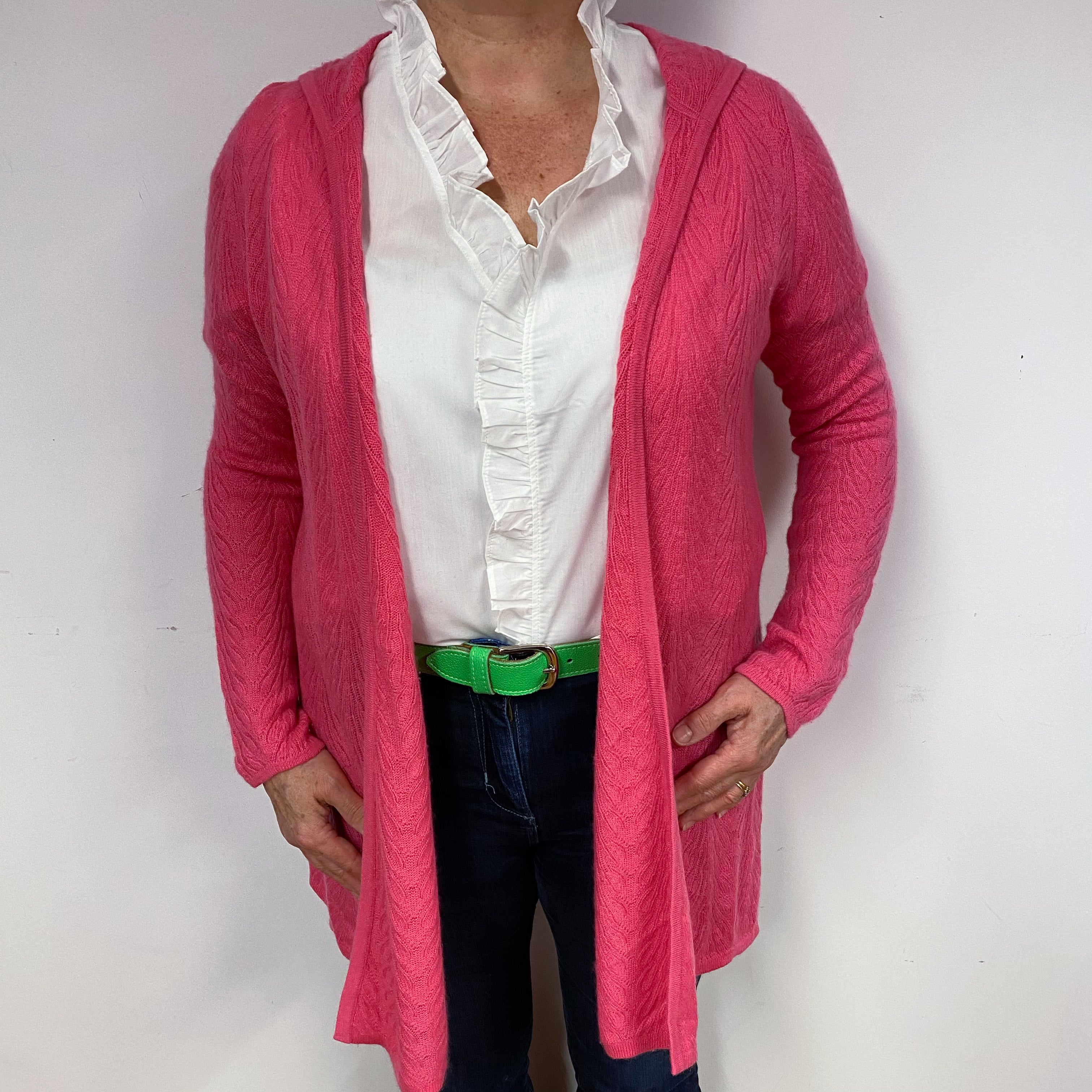 Pink Lace Knit Cashmere Edge to Edge Cardigan Large