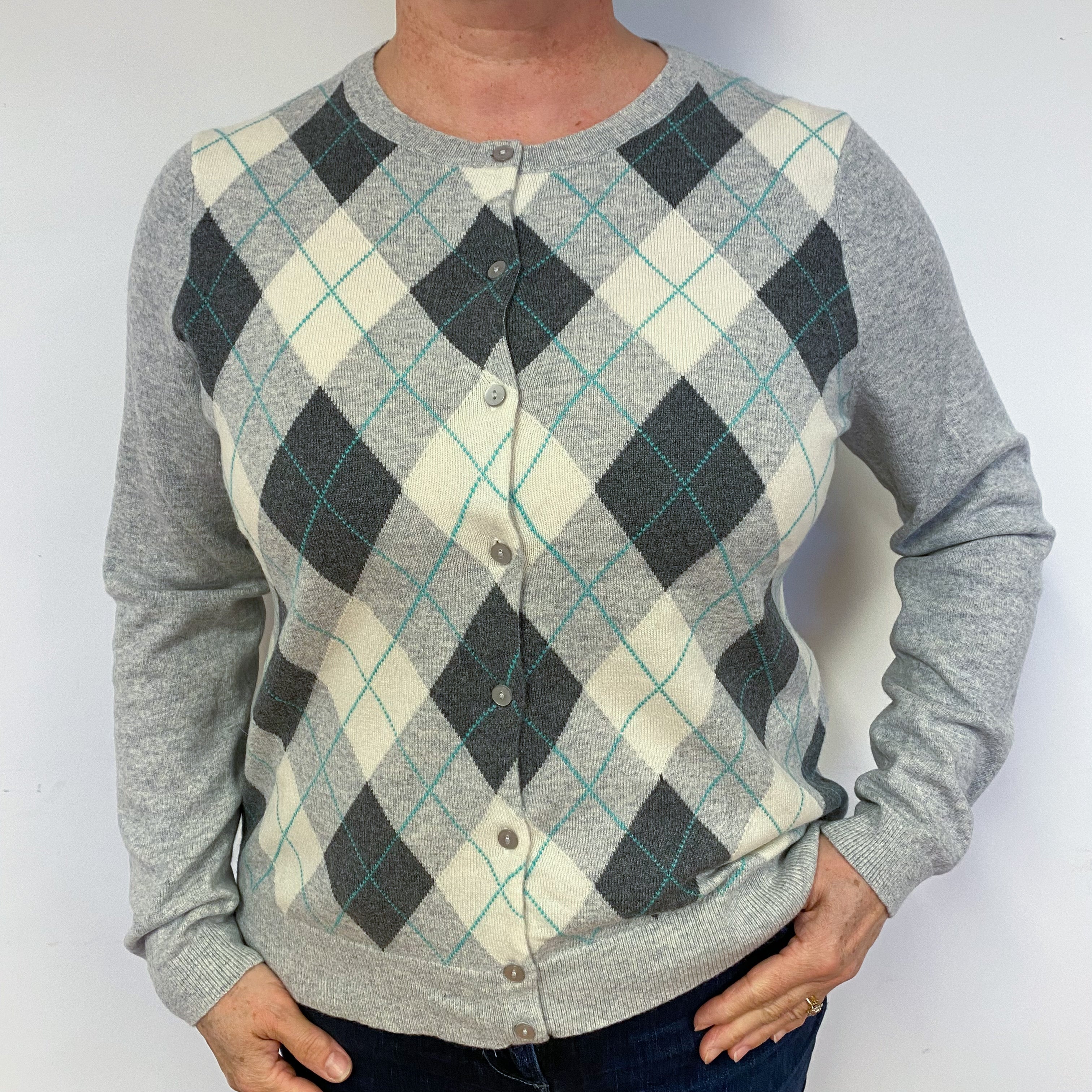 Smoke Grey Cream Argyle Cashmere Crew Neck Cardigan