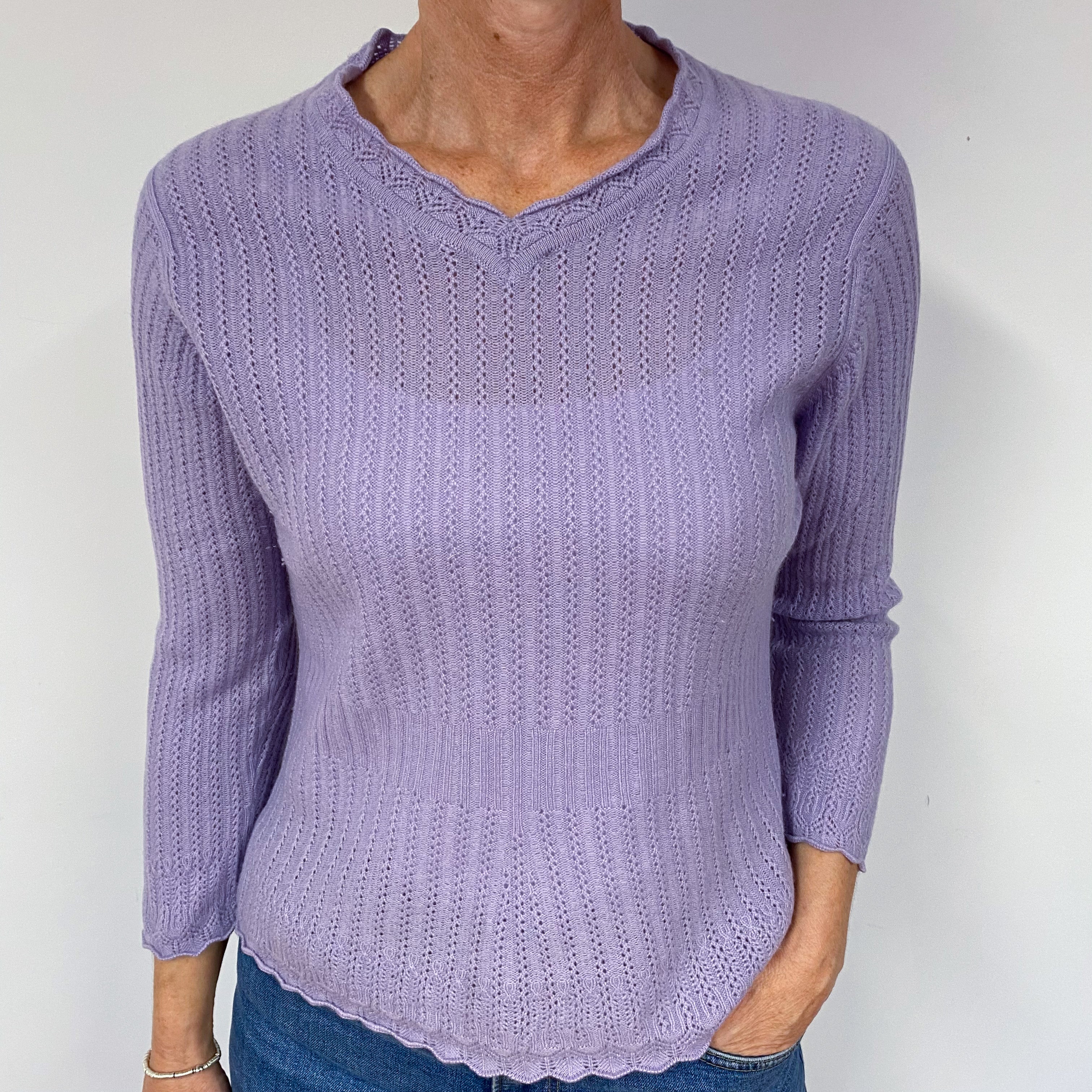Lavender Purple Lace Cashmere V-Neck Jumper Medium