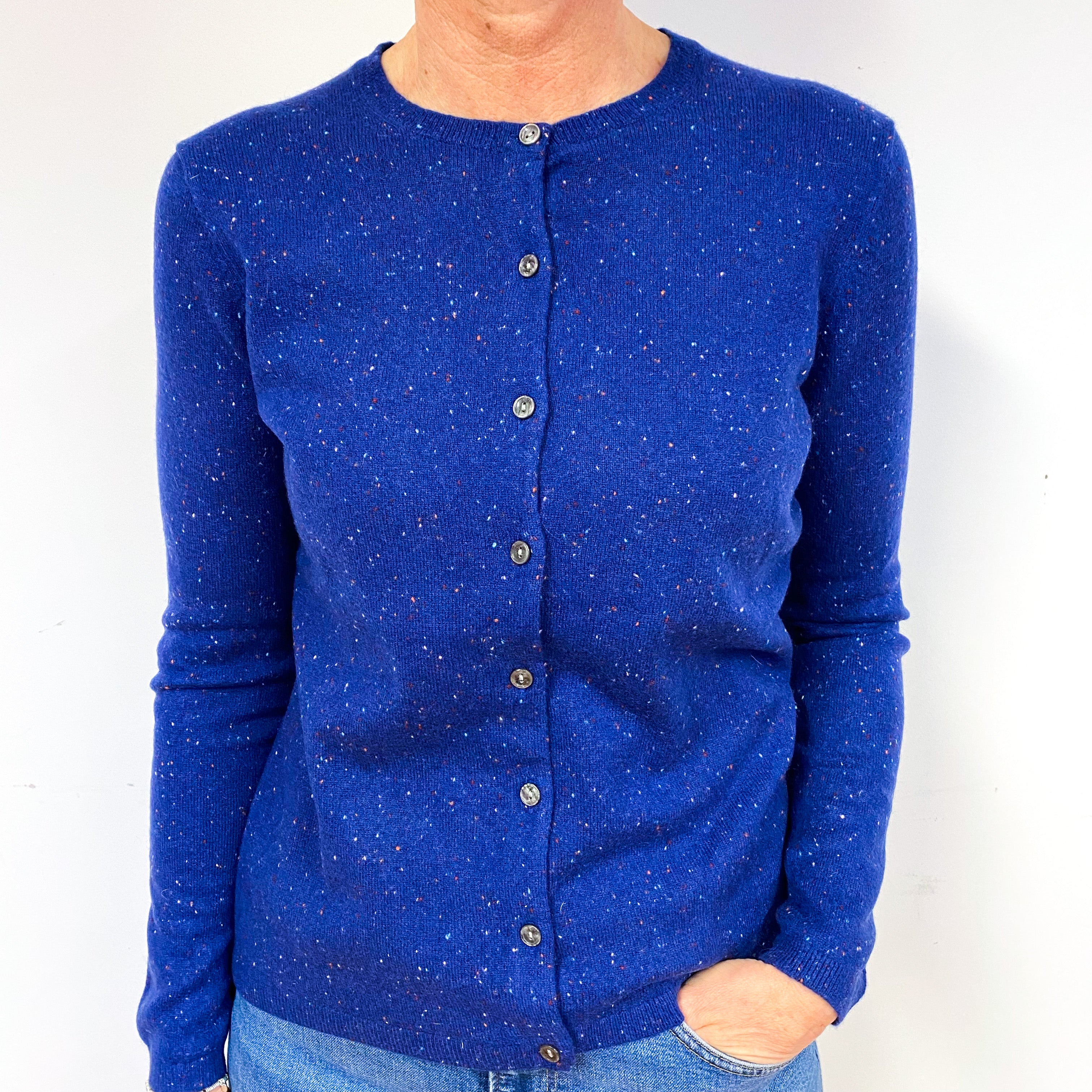 Prussian Blue Flecked Cashmere Crew Neck Cardigan Medium