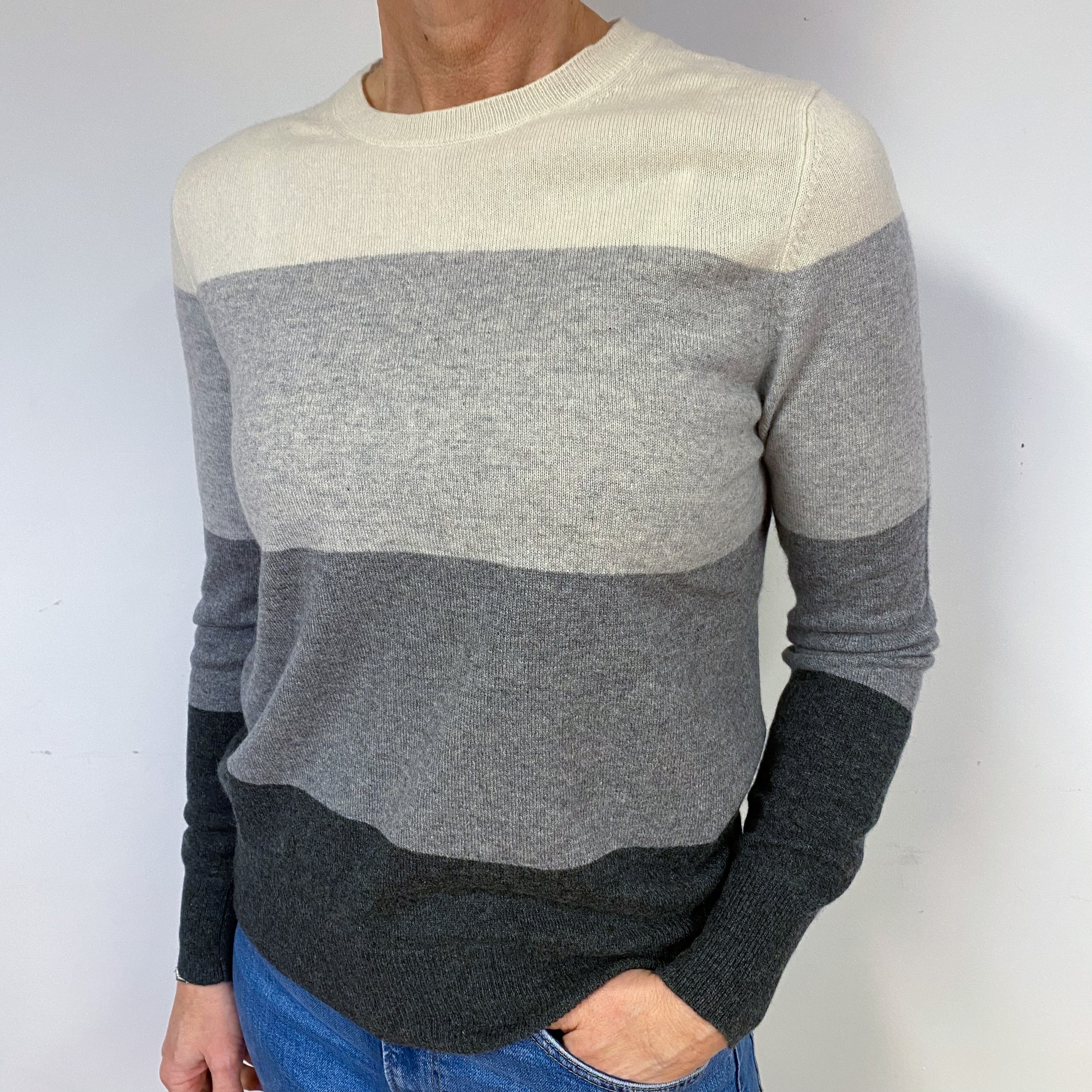 Grey and Cream Cashmere Crew Neck Jumper Medium