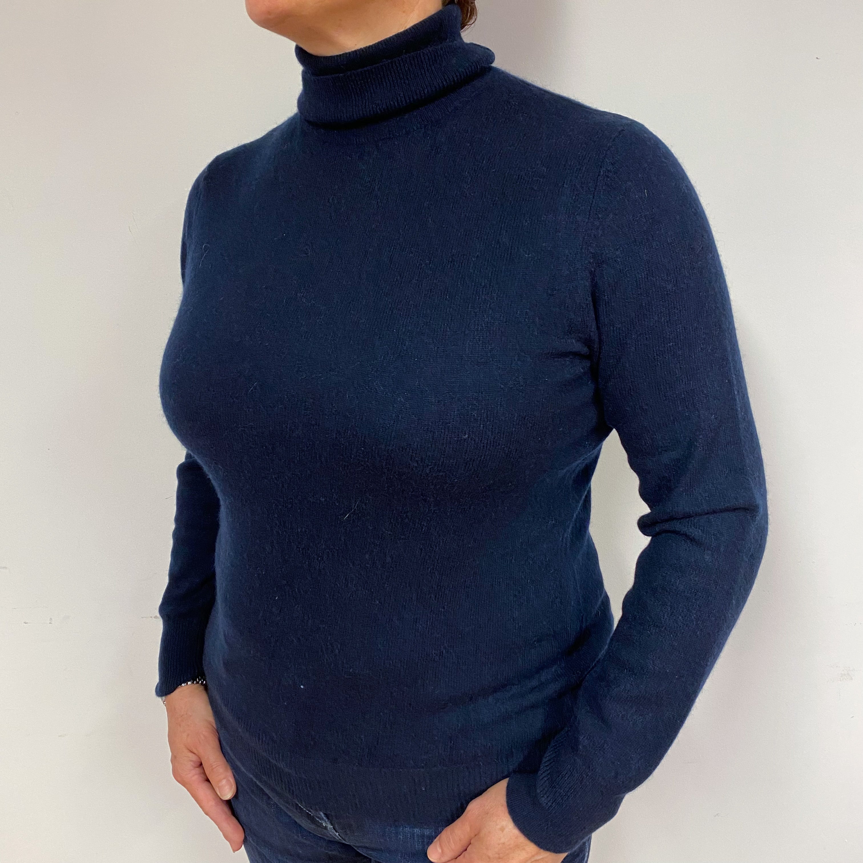 Navy Blue Cashmere Polo Neck Jumper Large