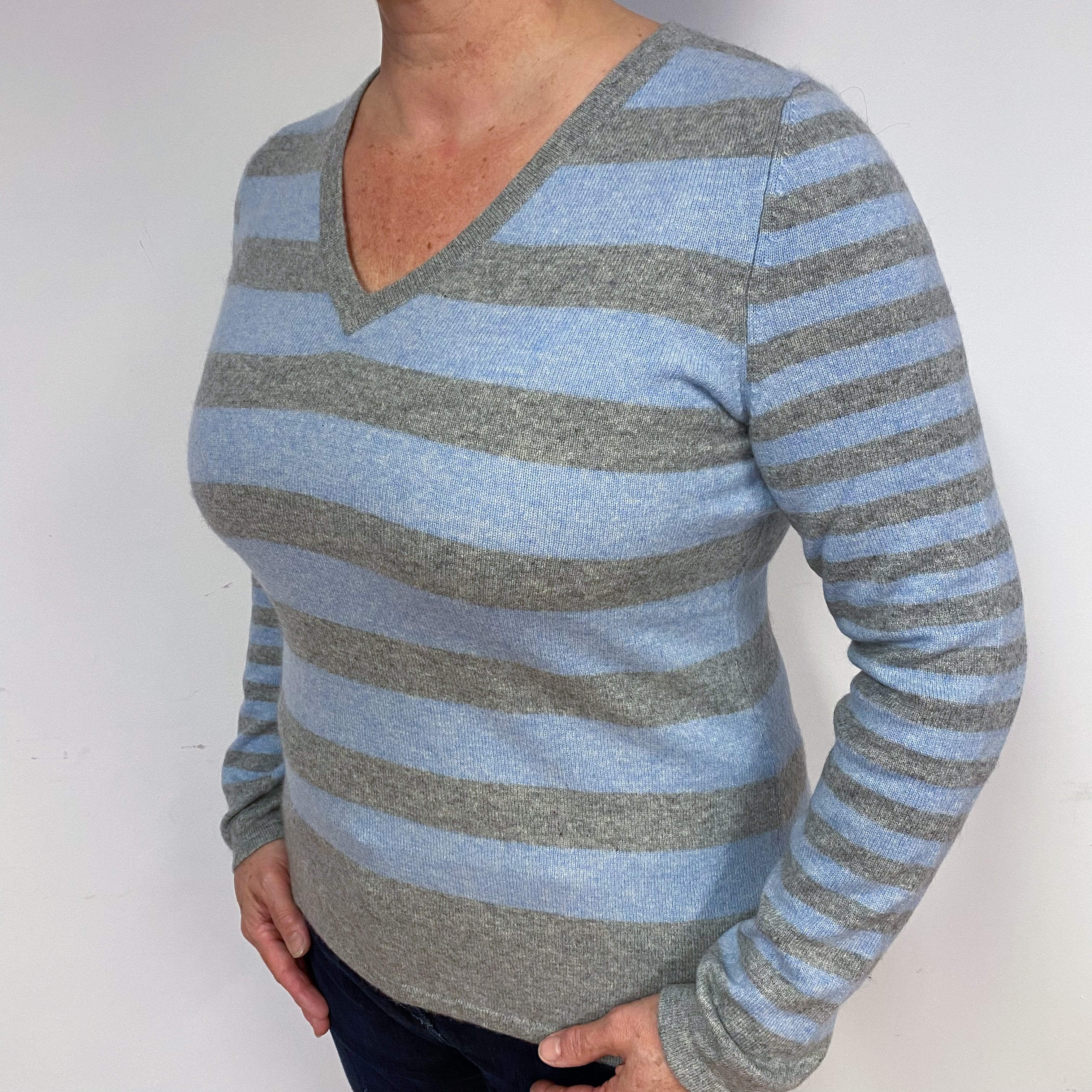 Grey and Blue Stripe Cashmere V-Neck Jumper Large