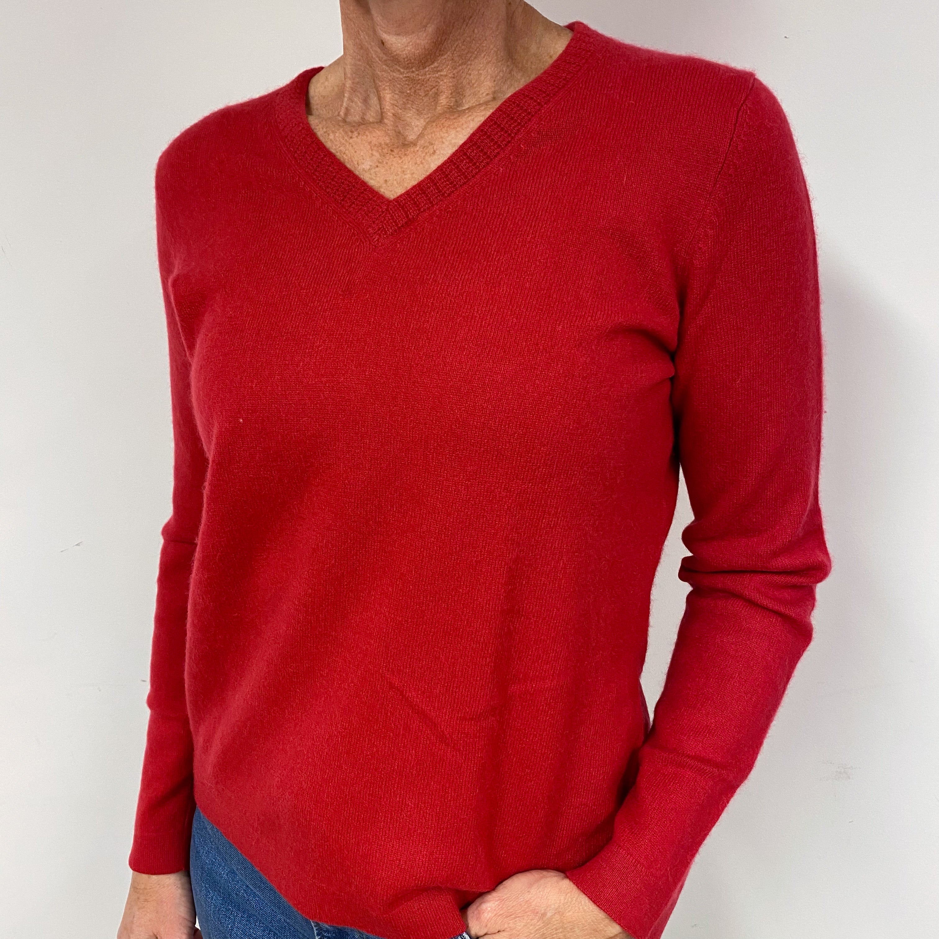 Post Box Red Cashmere V-Neck Jumper Medium