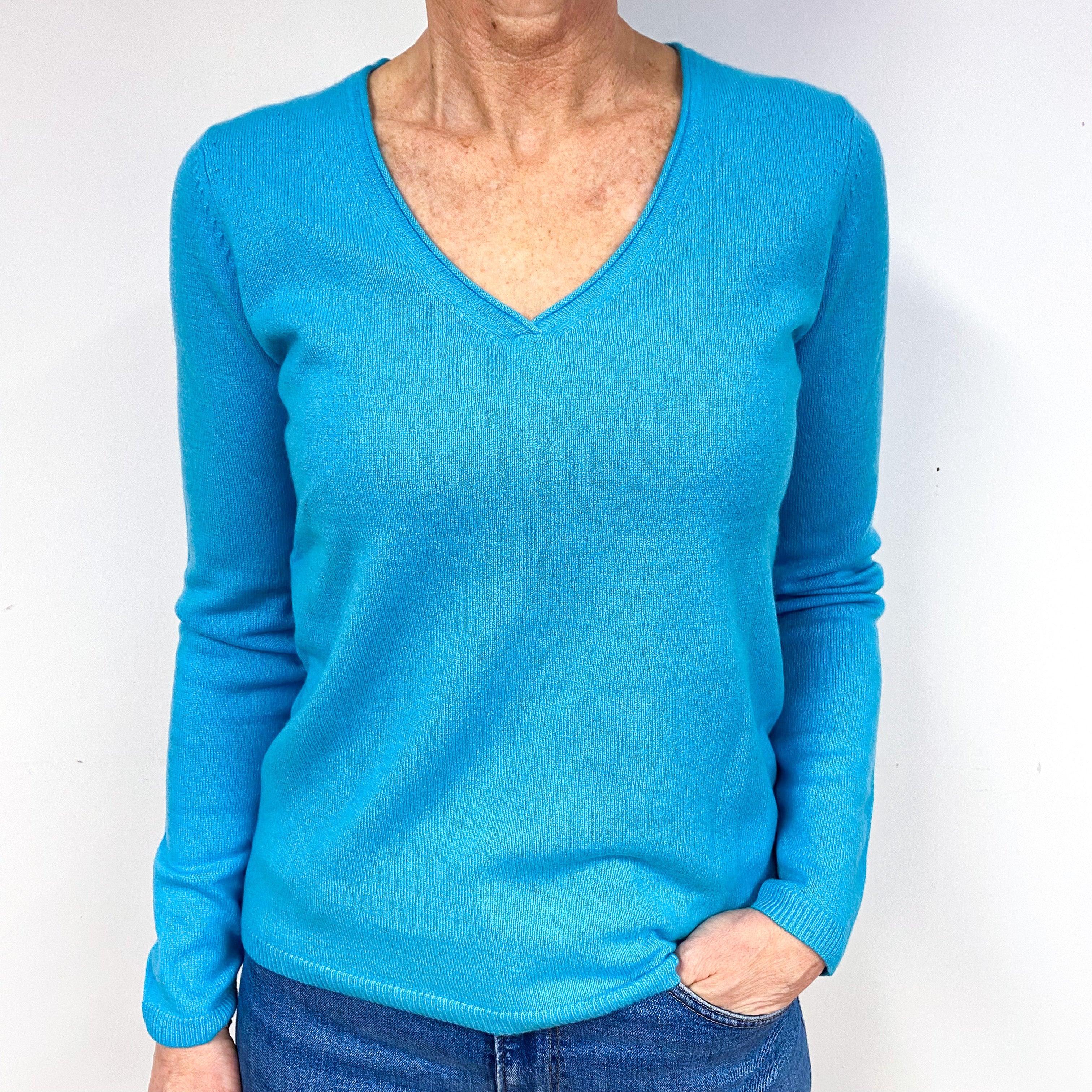 New Turquoise Green Cashmere V-Neck Jumper Medium
