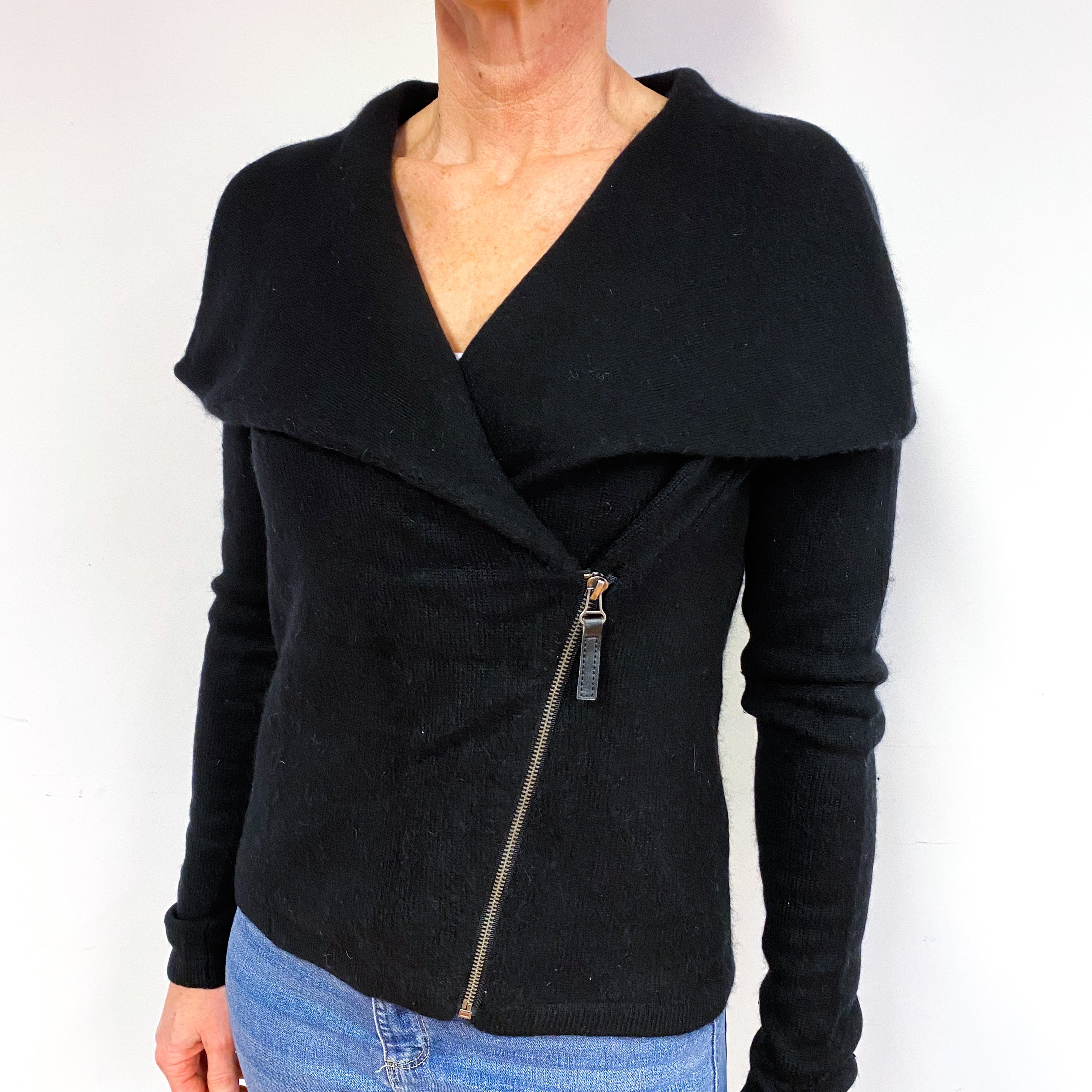 Black Side Zip Cashmere V-Neck Jacket Medium