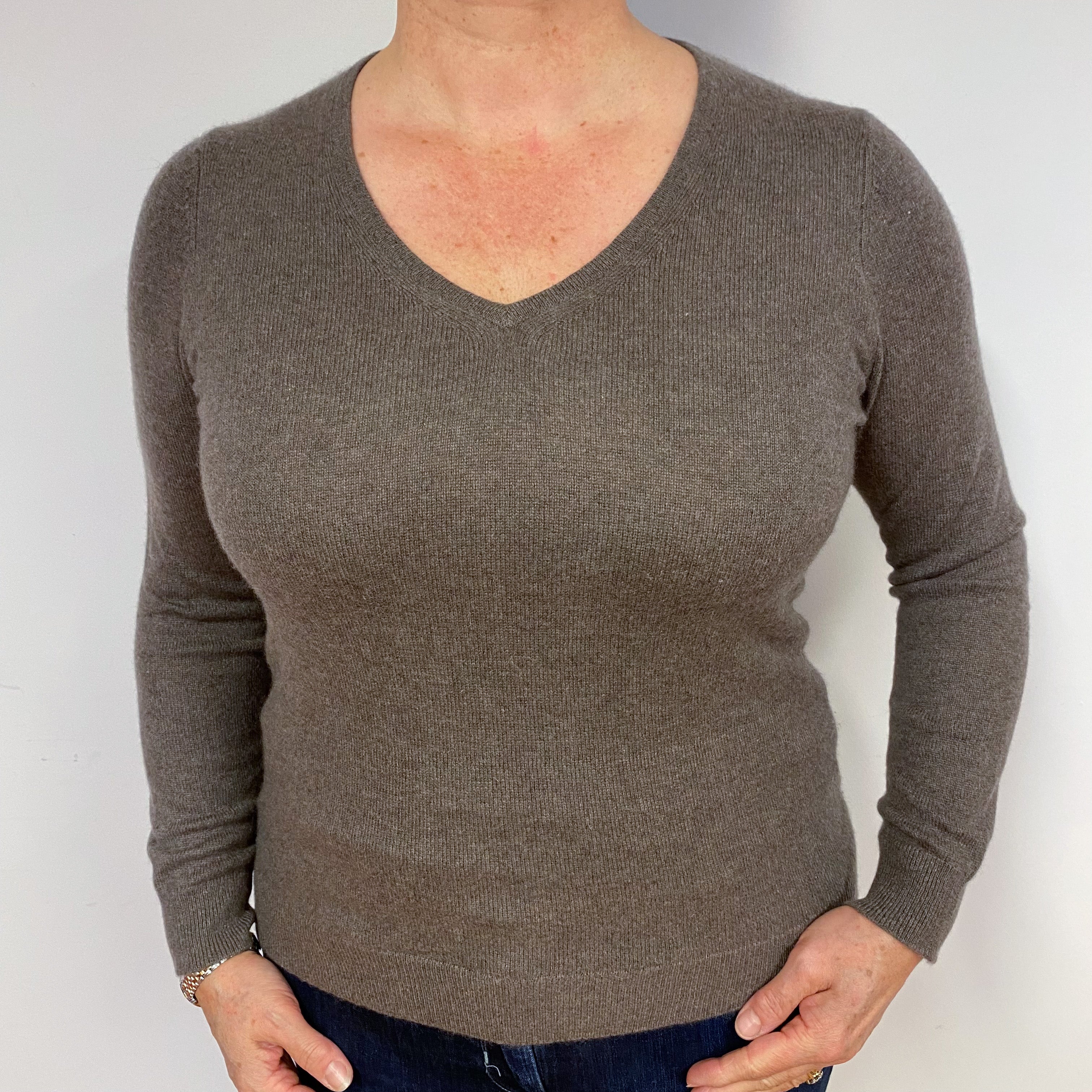 Mole Brown Cashmere V-Neck Jumper Large