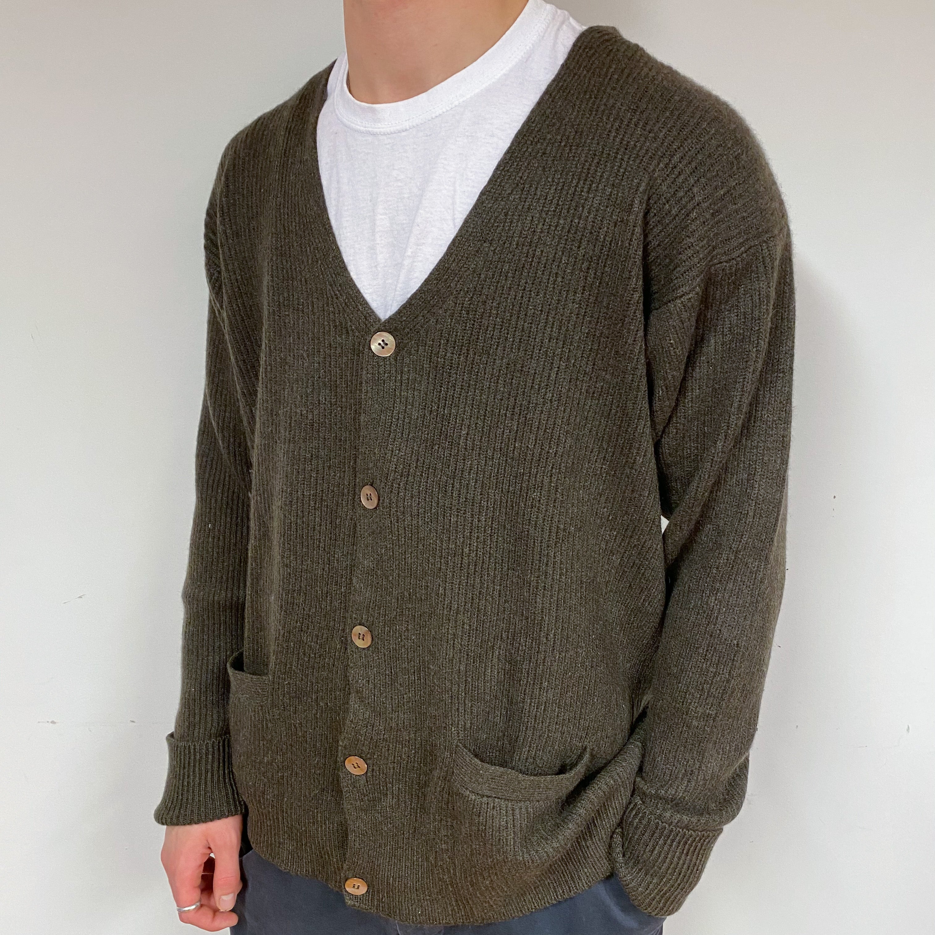 Men's Chunky Rib Vintage Chocolate Cashmere Cardigan Large