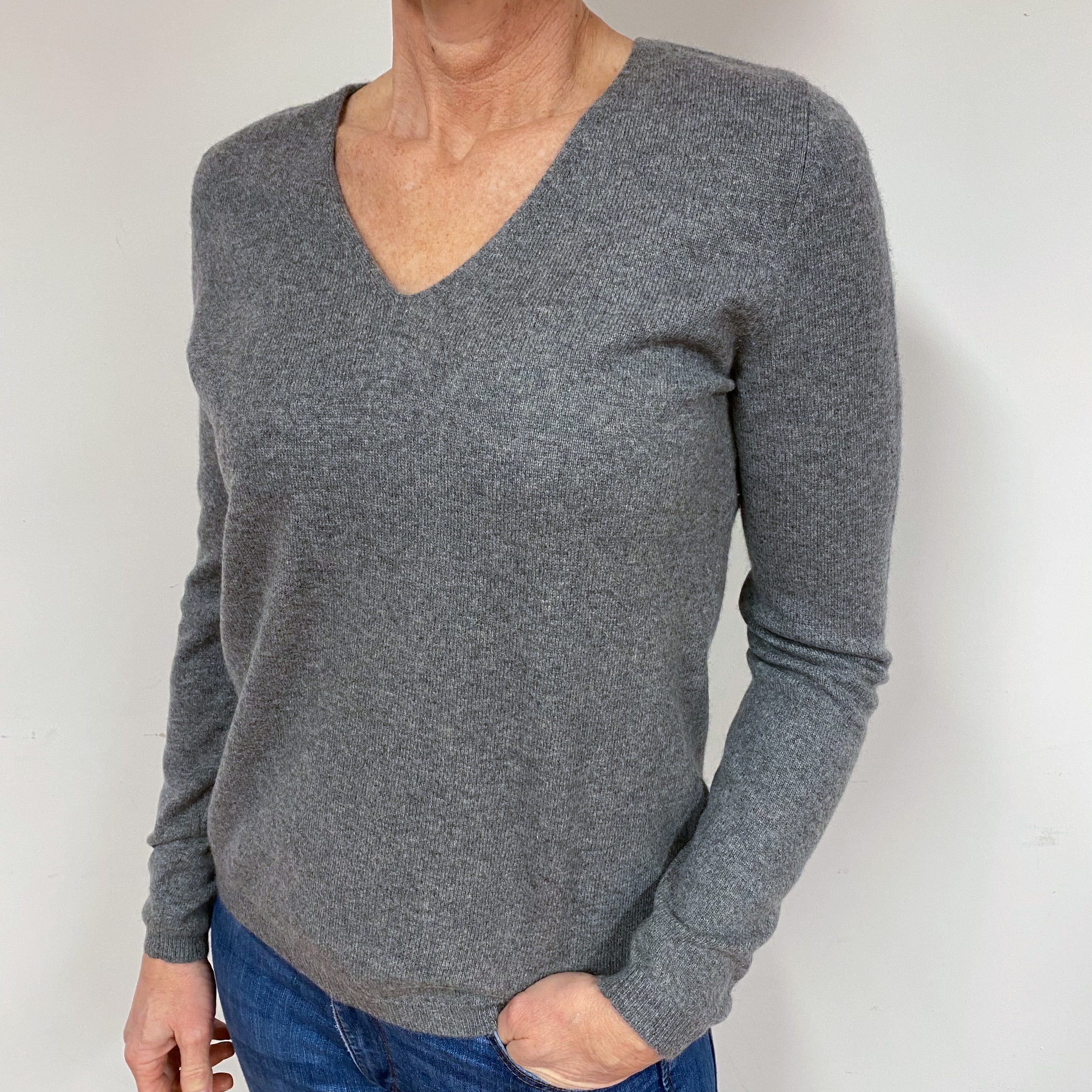 Steel Grey Cashmere V-Neck Jumper Medium