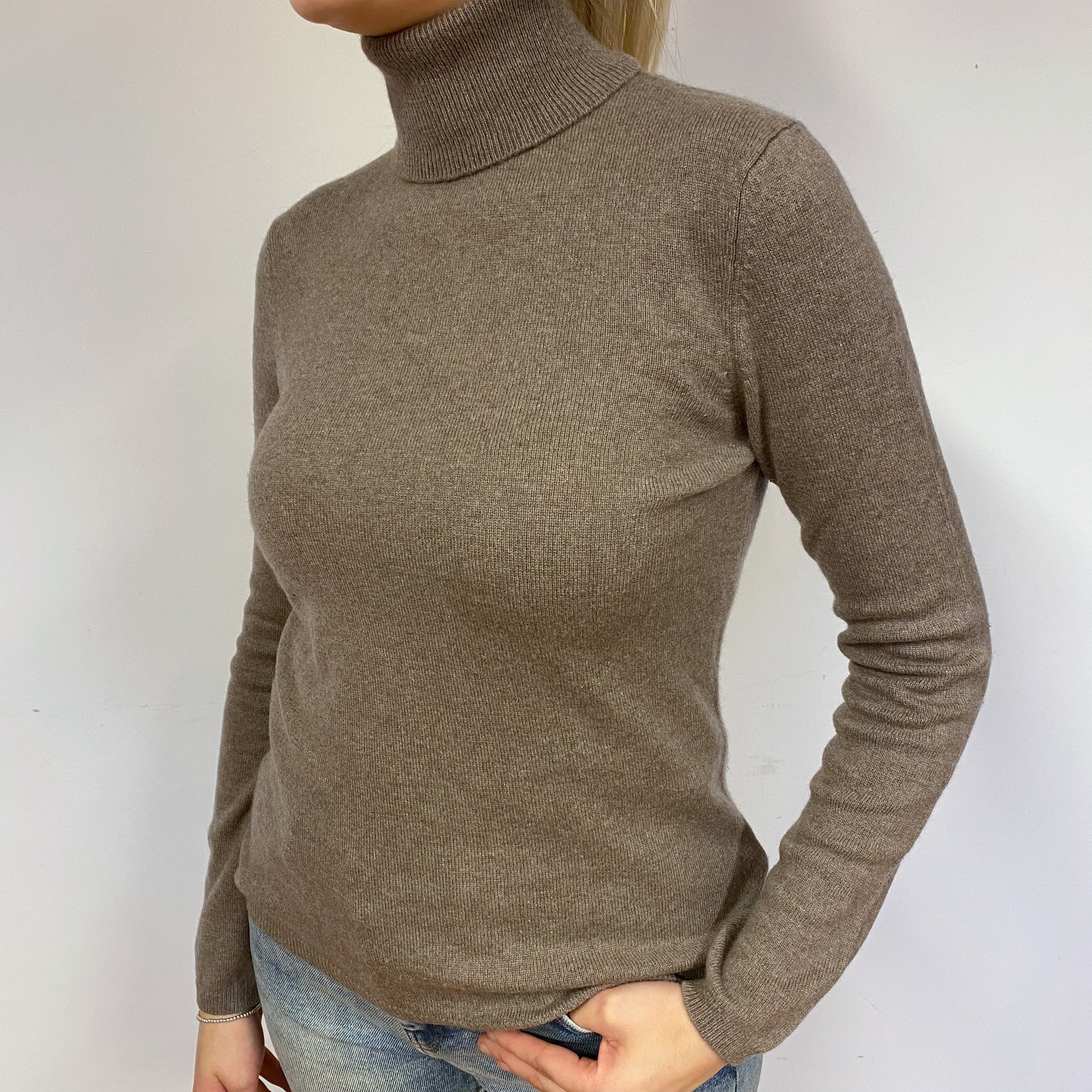 Mocha Brown Cashmere Polo Neck Jumper Small
