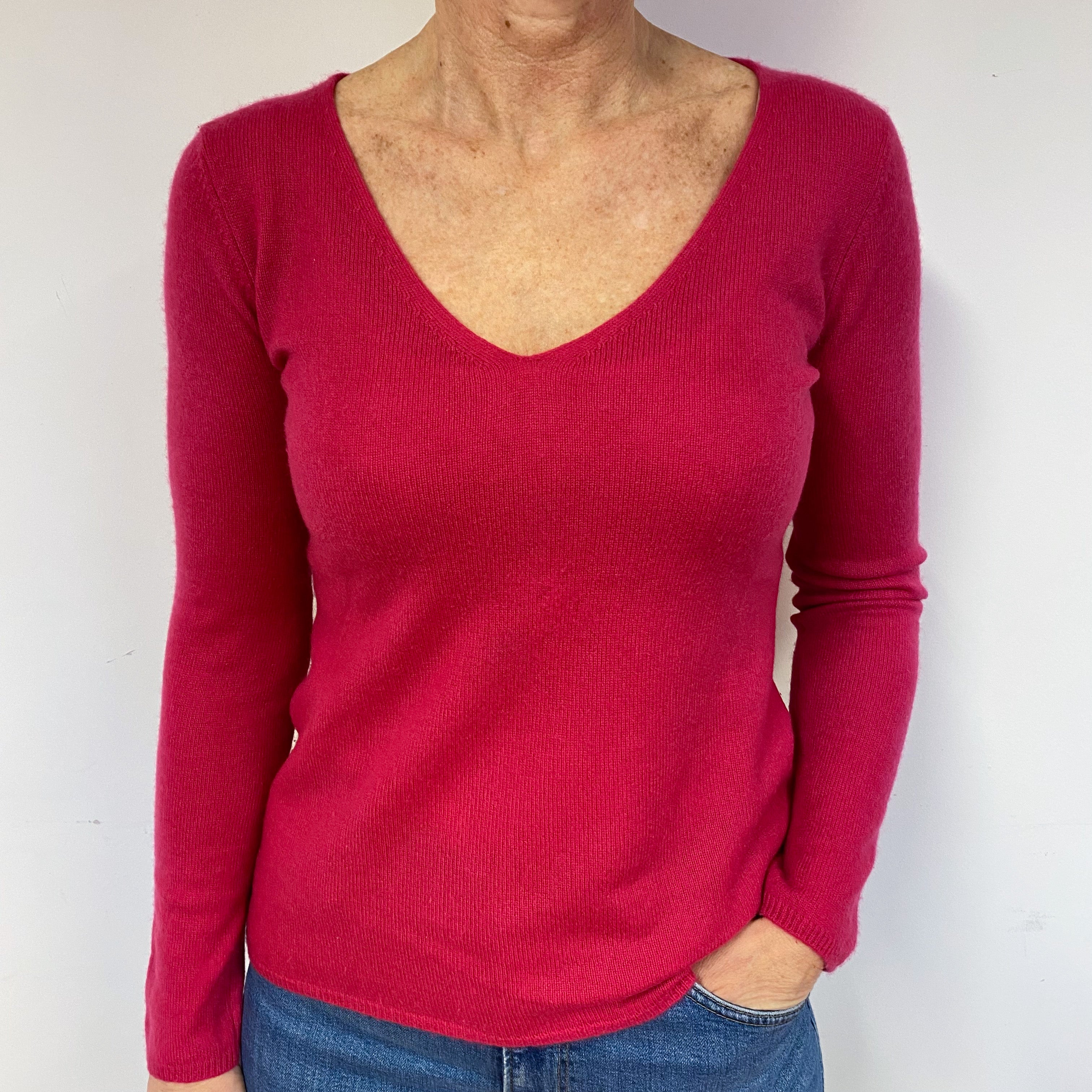 Fuchsia Pink Cashmere V-Neck Jumper Medium