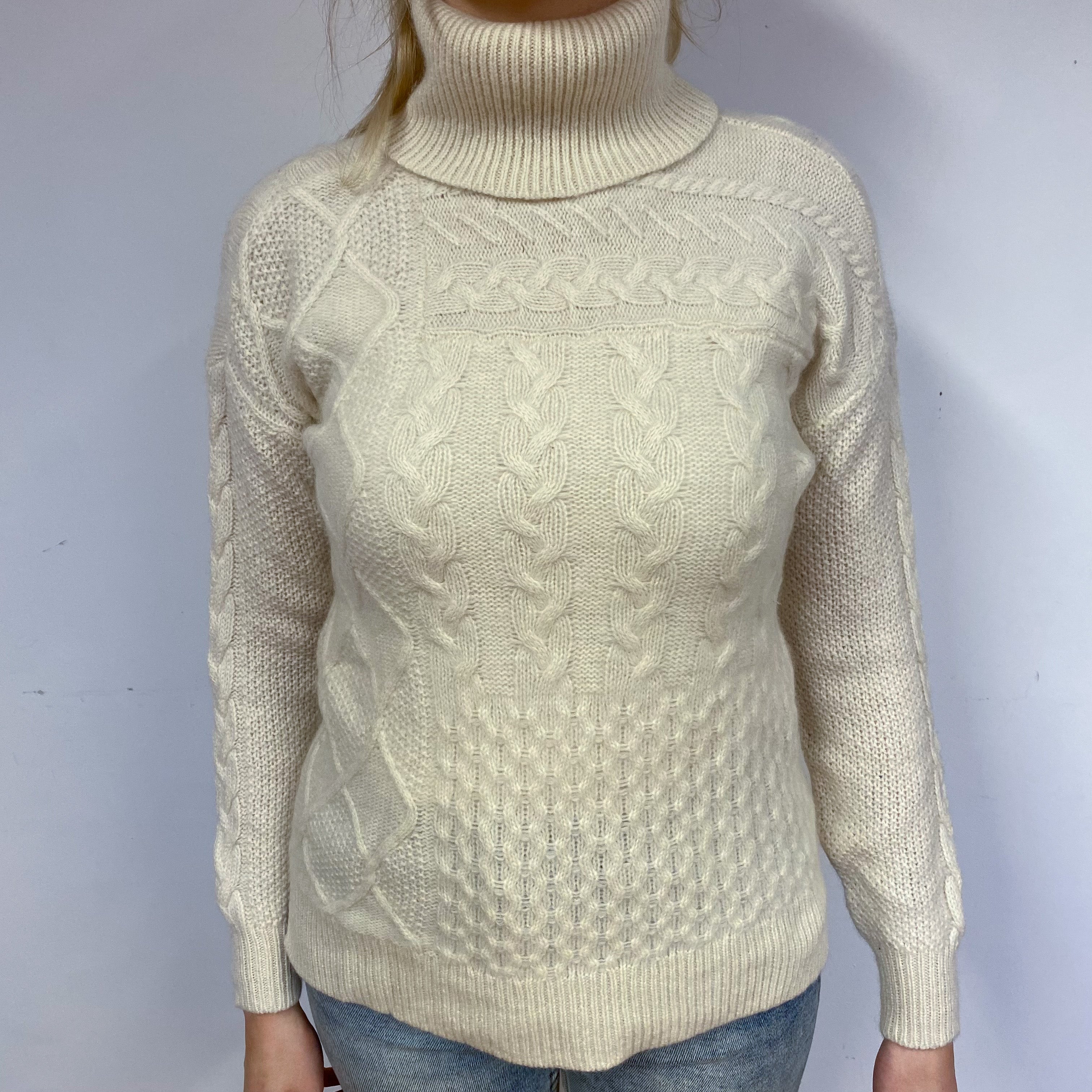 Cream Cable Cashmere Polo Neck Jumper Small