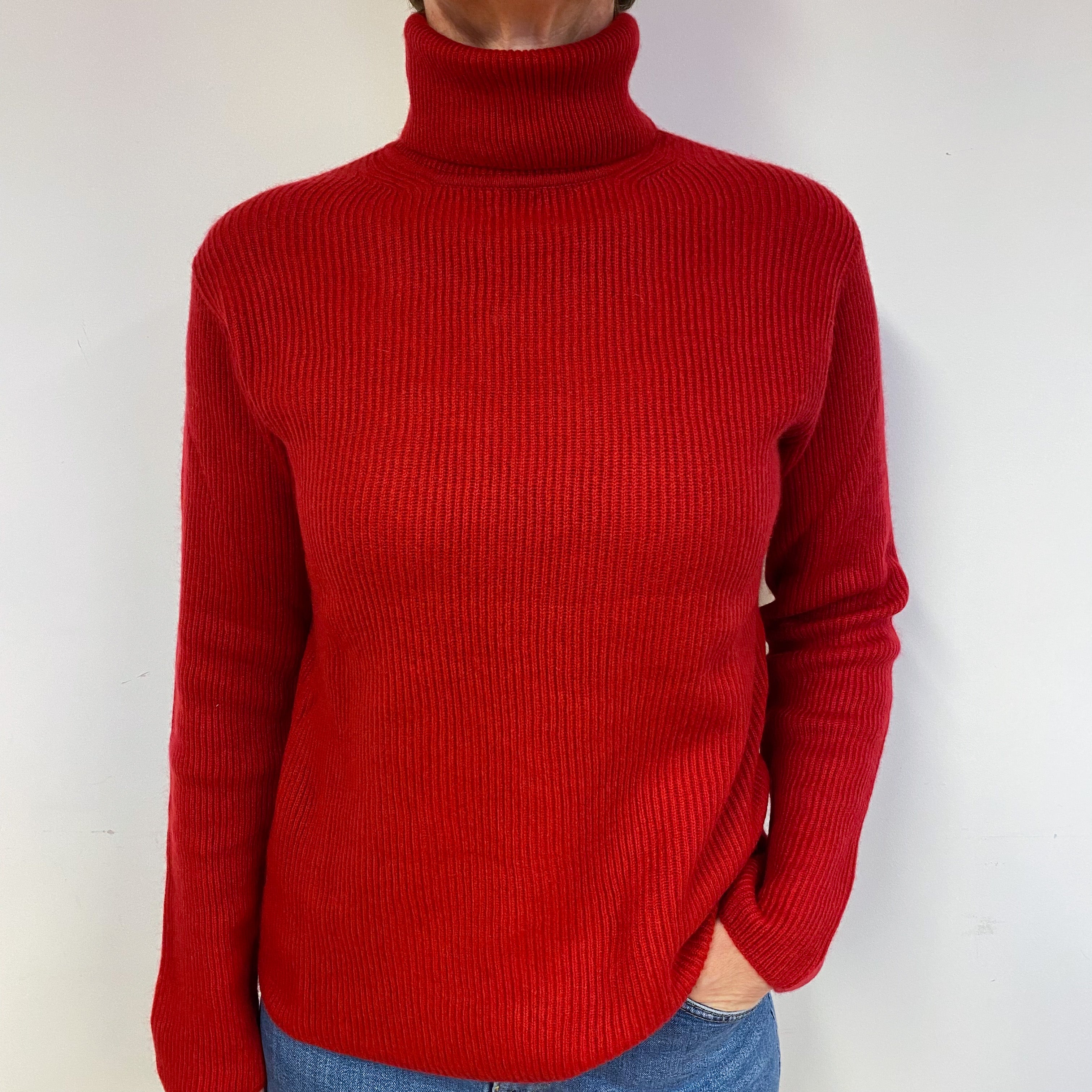 Red Ribbed Cashmere Polo Neck Jumper Medium