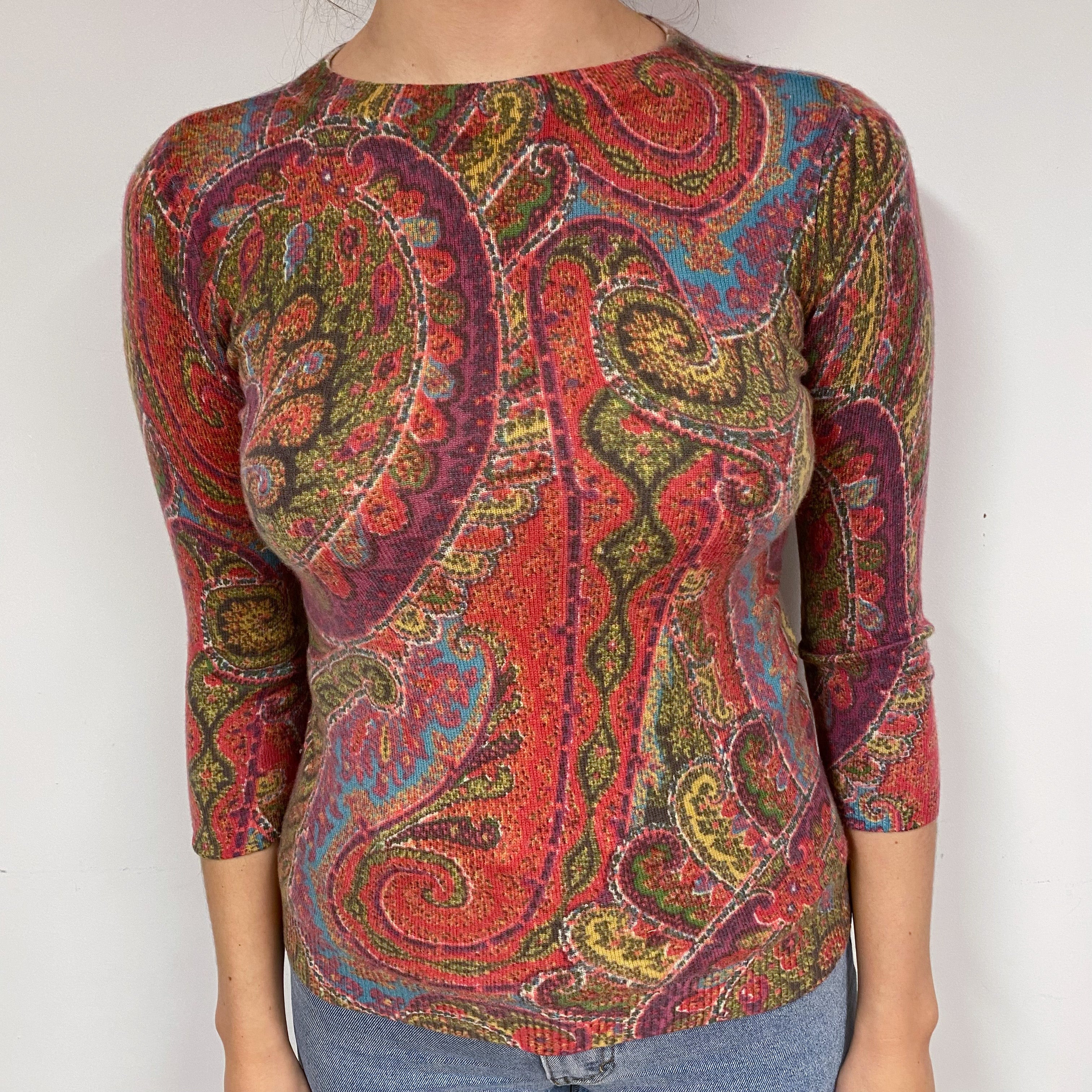 Pink Paisley Cashmere Crew Neck Jumper Small