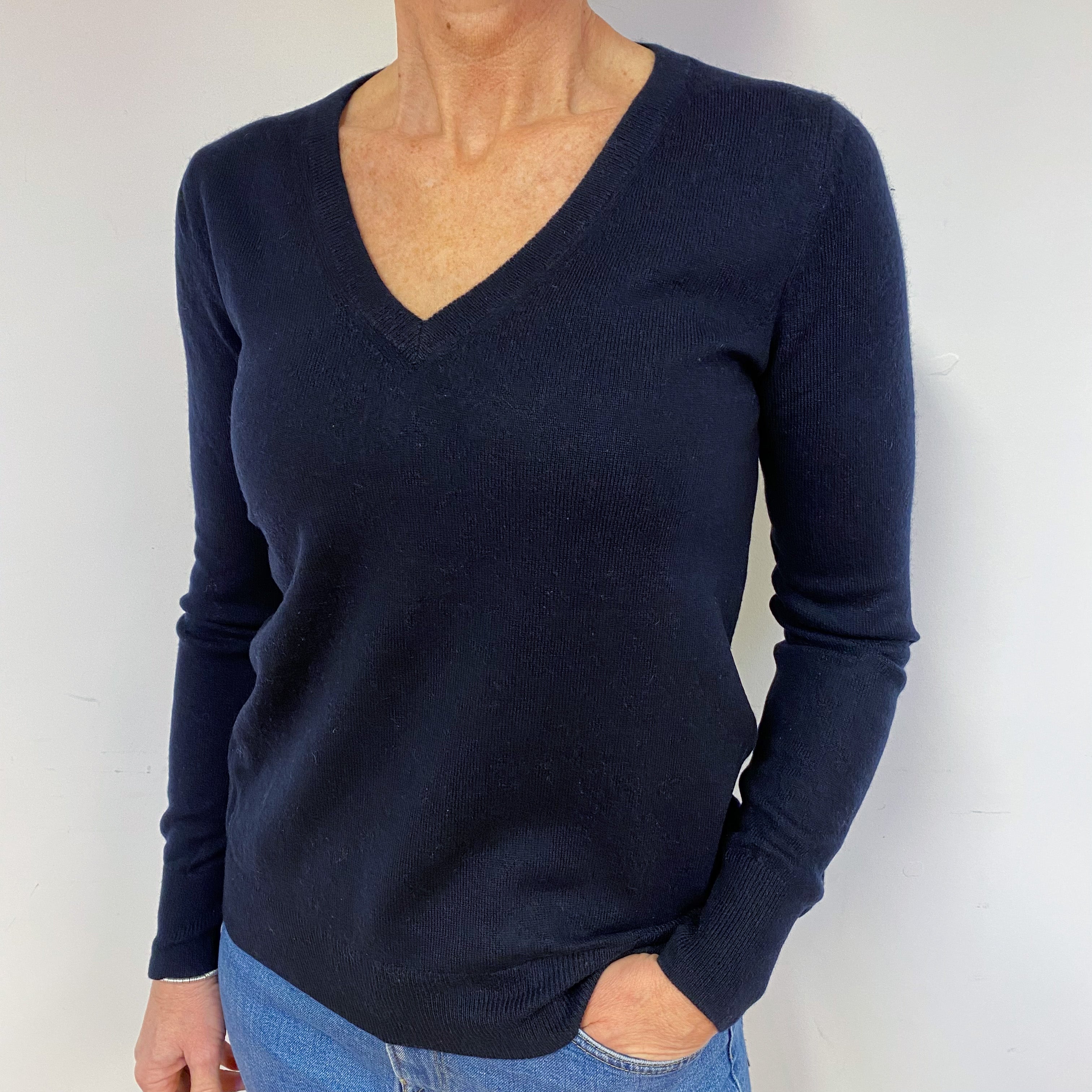Dark Navy Blue Cashmere V-Neck Jumper Medium