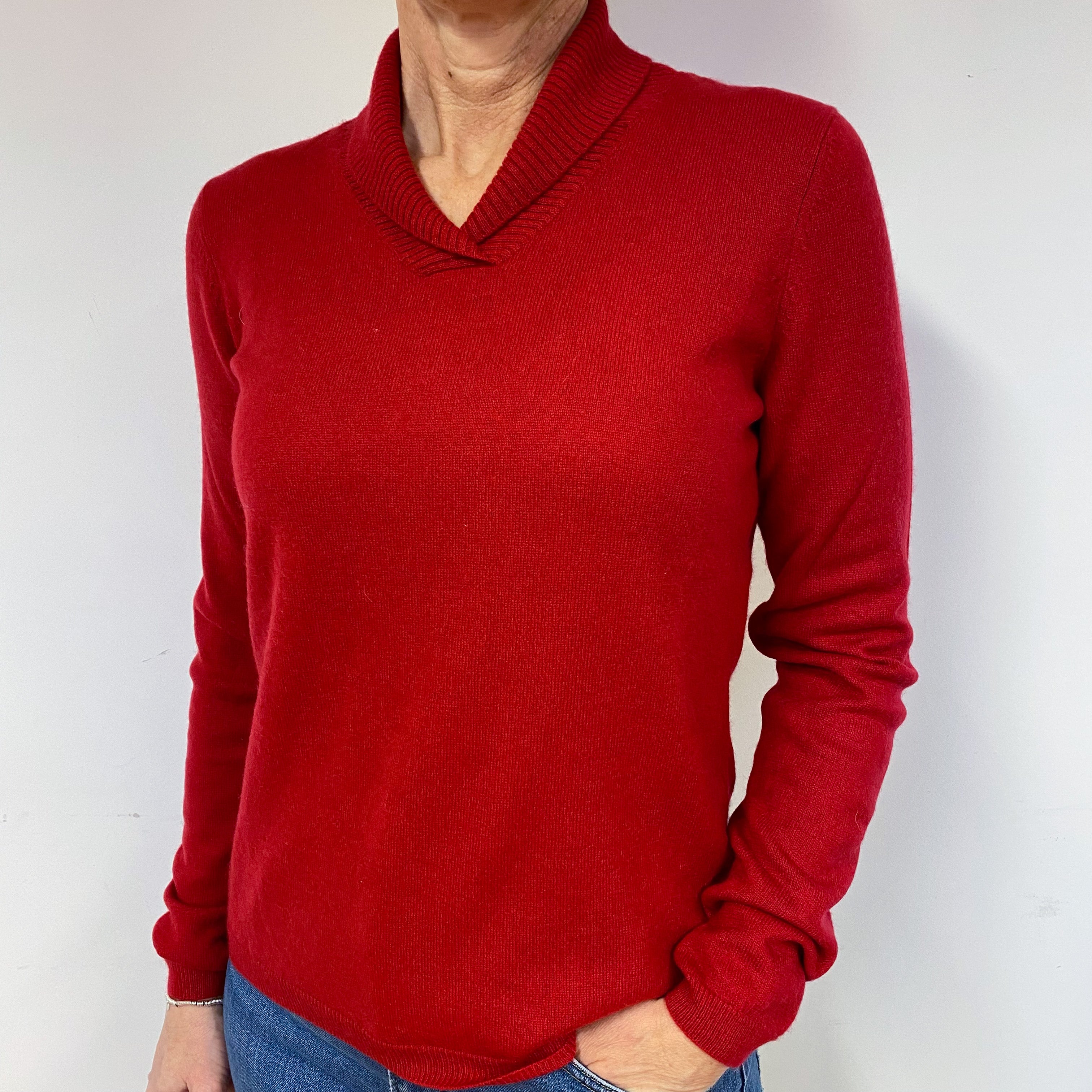 Red Shawl Collar Cashmere V-Neck Jumper Medium