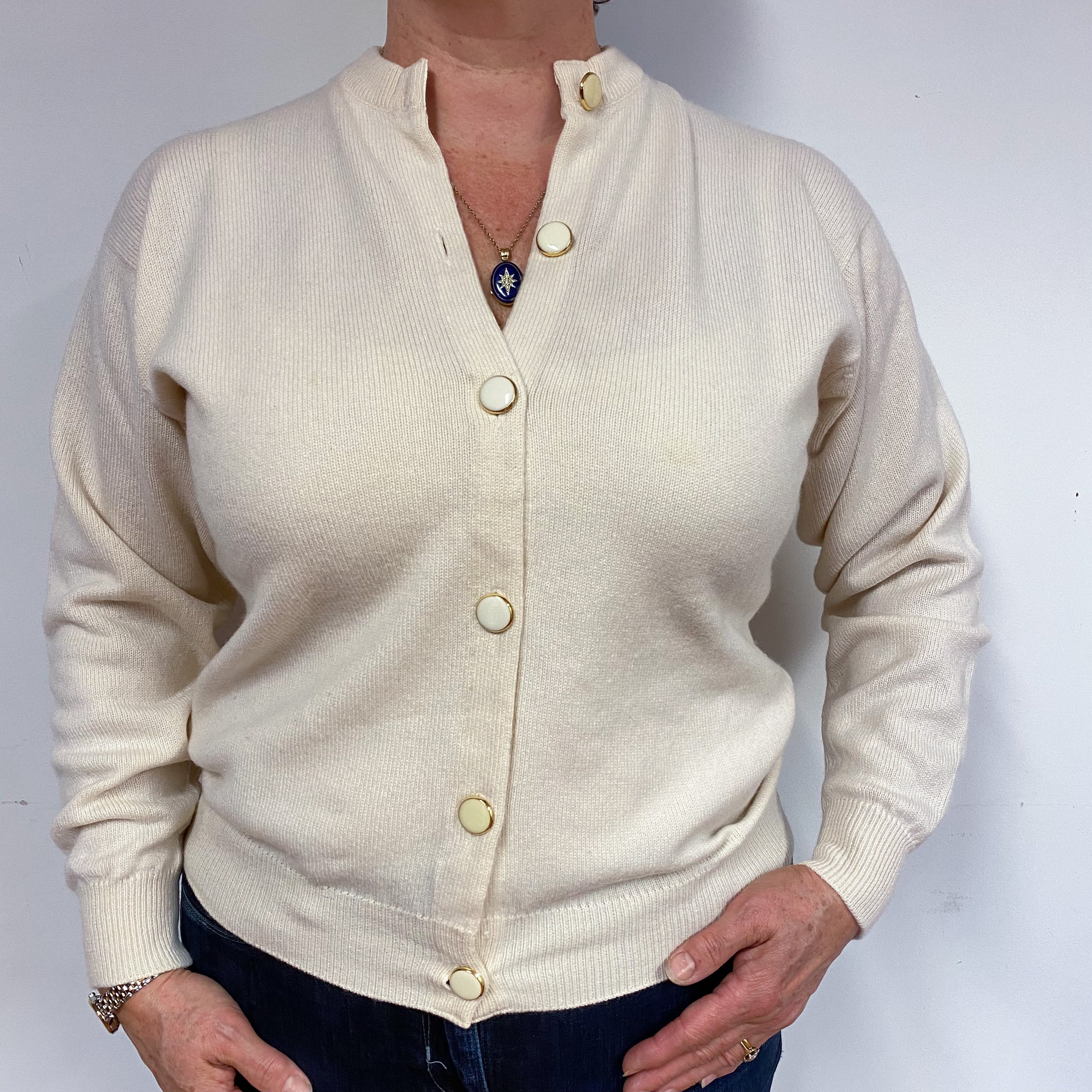Cream Heavy Knit Cashmere Cream Neck Cardigan Large