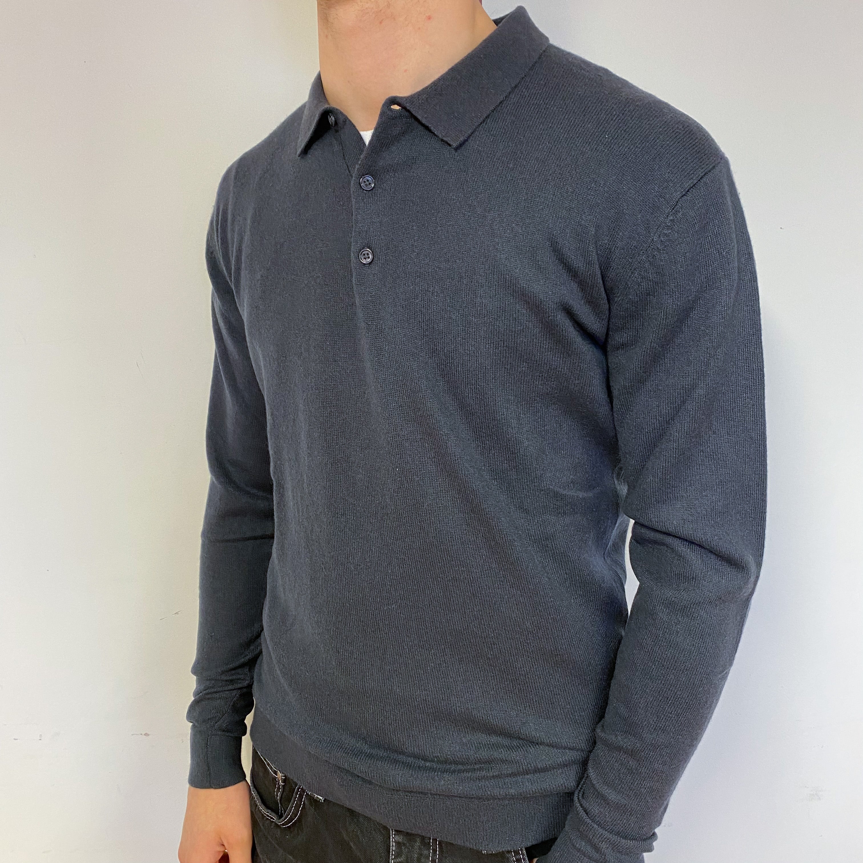 Men's Slate Grey Cashmere 1/4 Button Jumper Medium