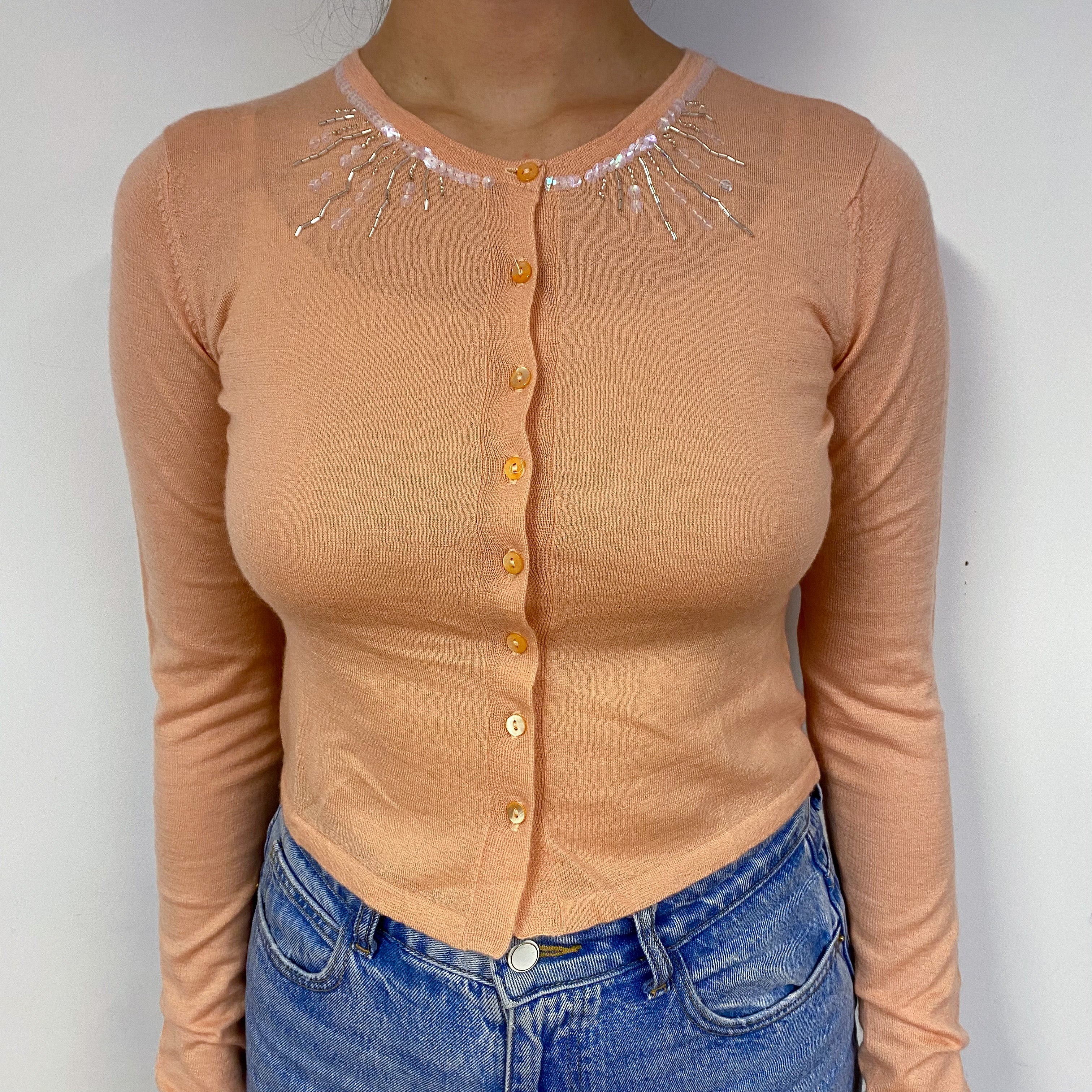 Peachy Orange Fine Knit Cashmere Cardigan Small