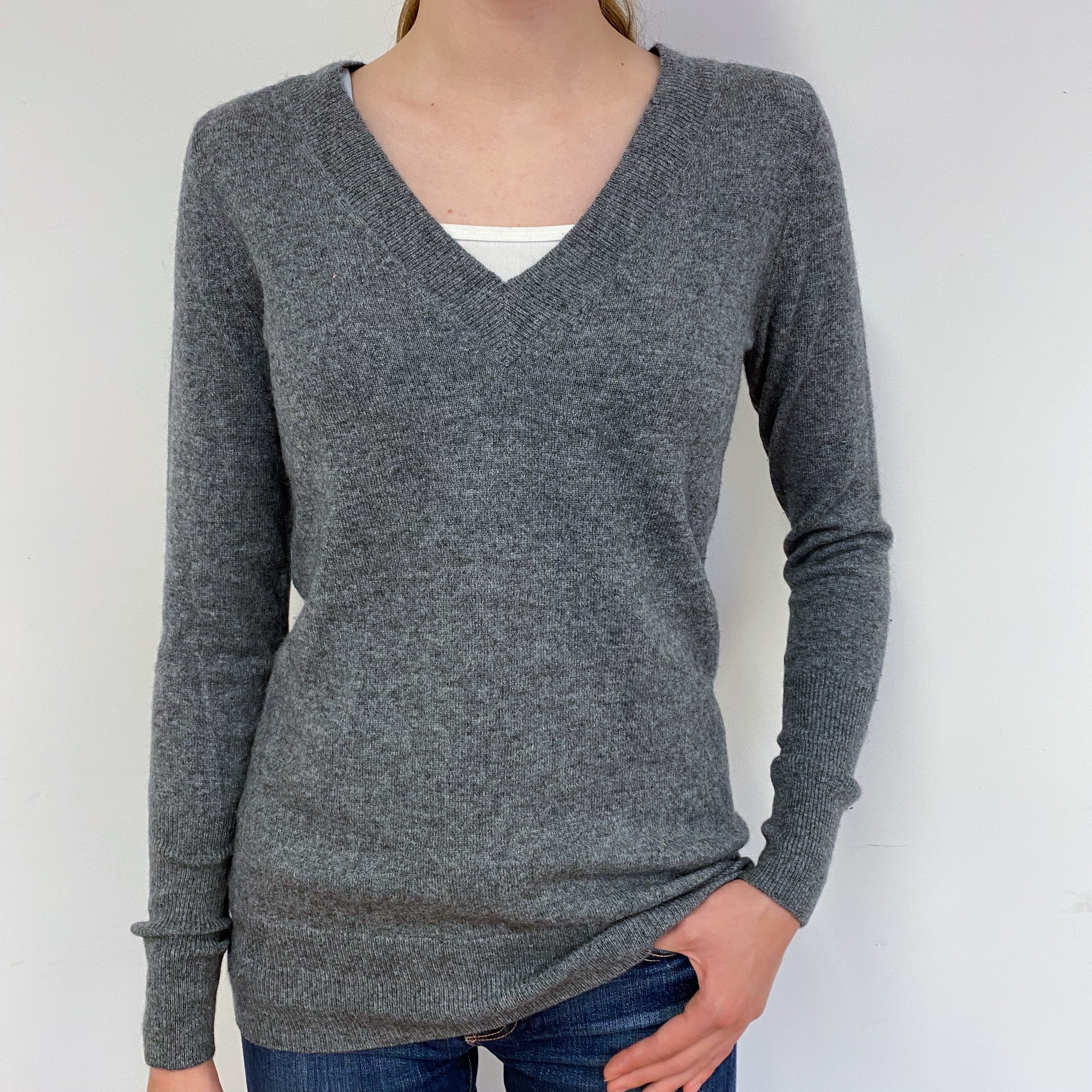 Slate Grey Cashmere V-Neck Jumper