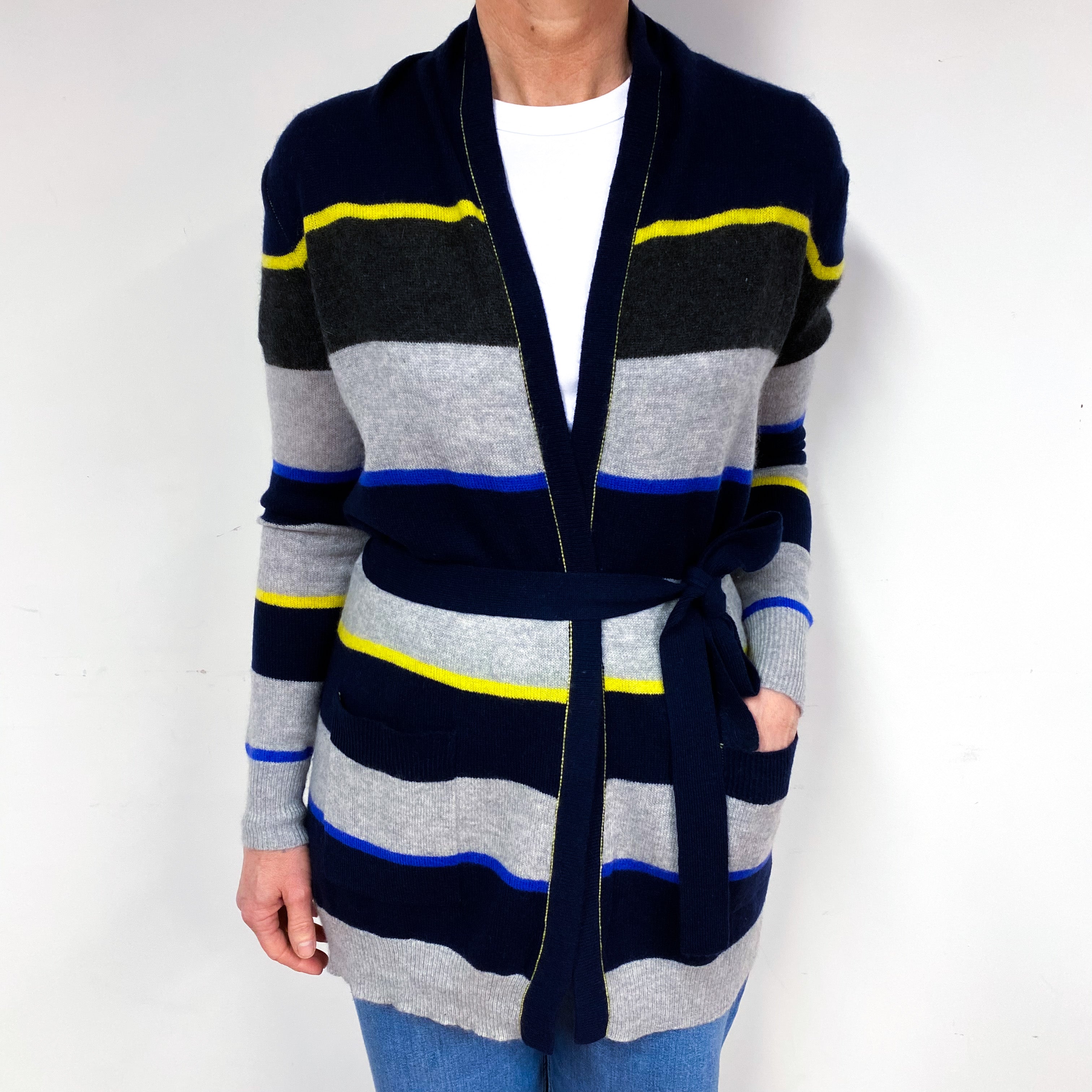 Navy Grey Striped Cashmere Belt Tie Cardigan Medium