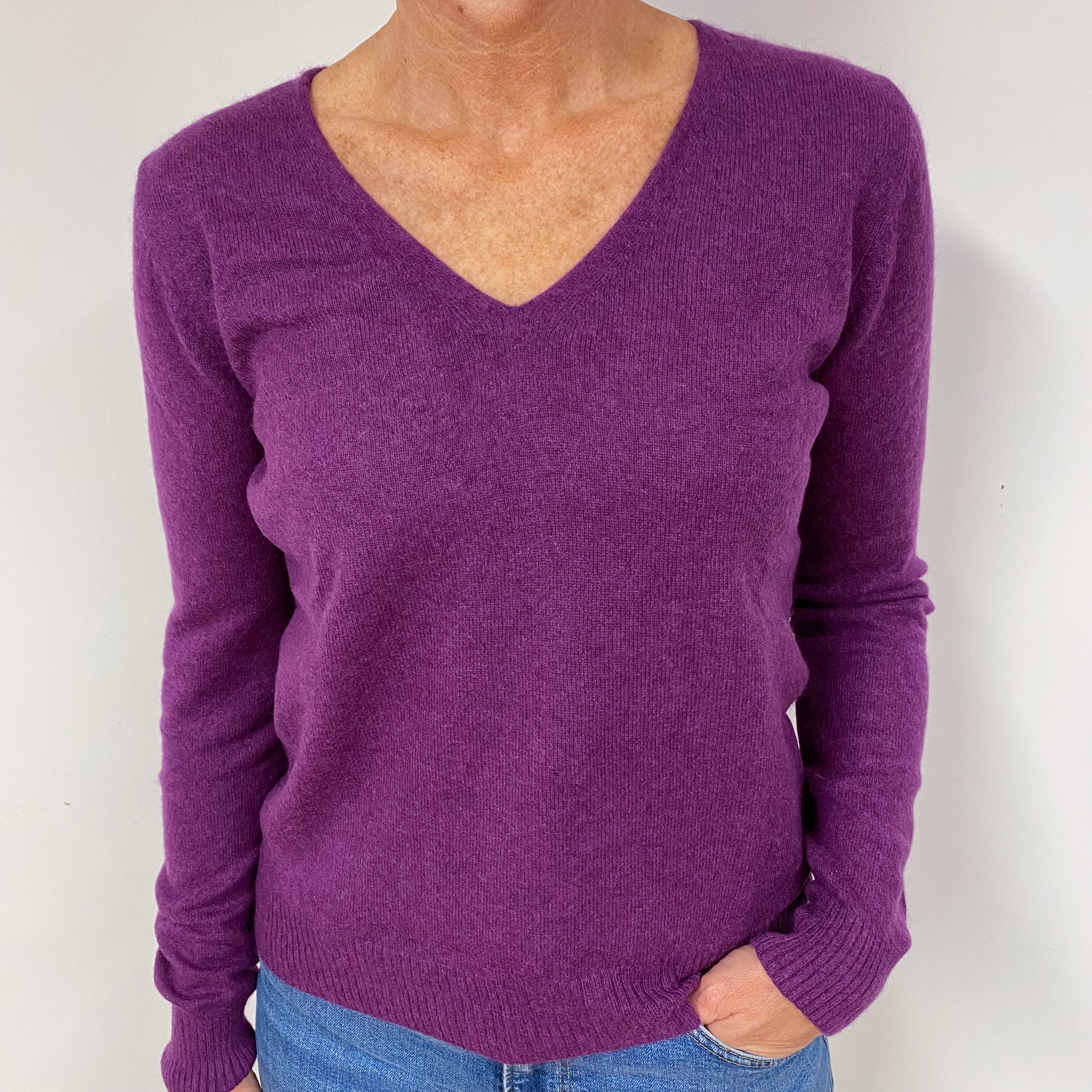 Plum Purple Cashmere V-Neck Jumper Medium