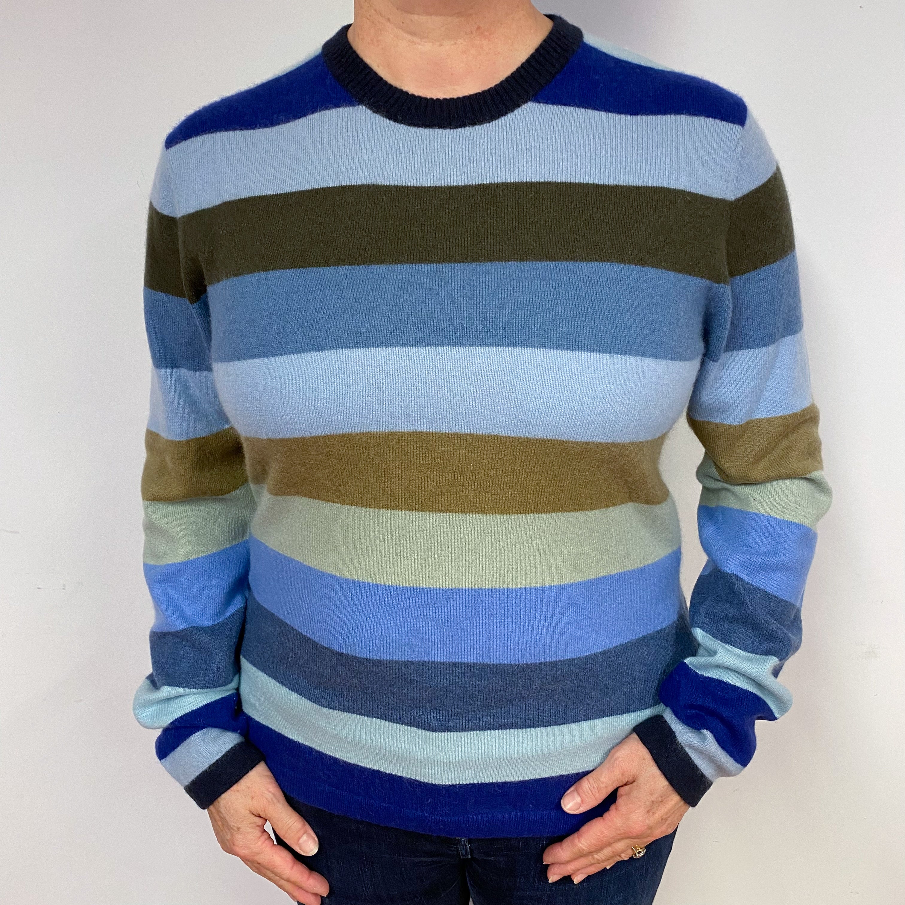 Blue Striped Cashmere Crew Neck Jumper Large