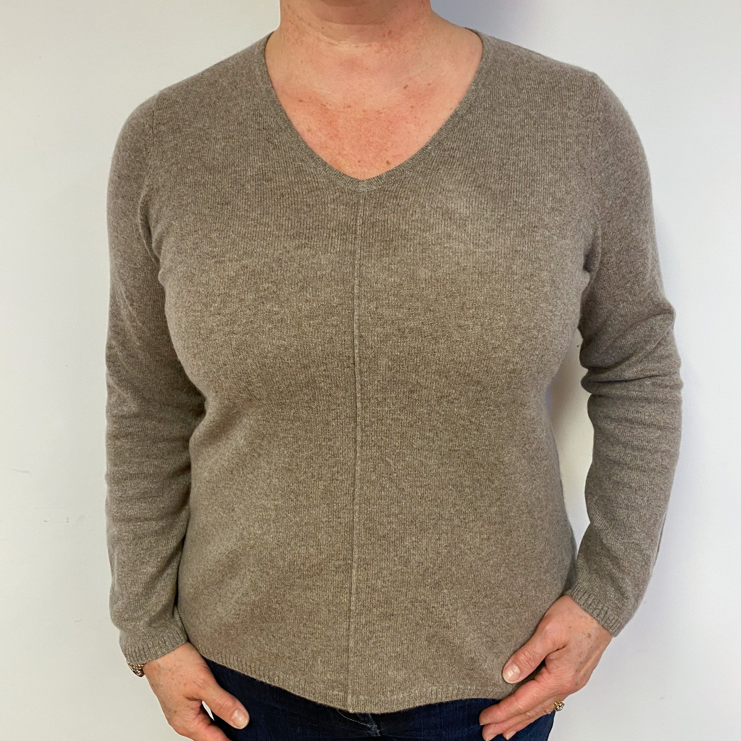 Taupe Brown Cashmere V-Neck Jumper Large.