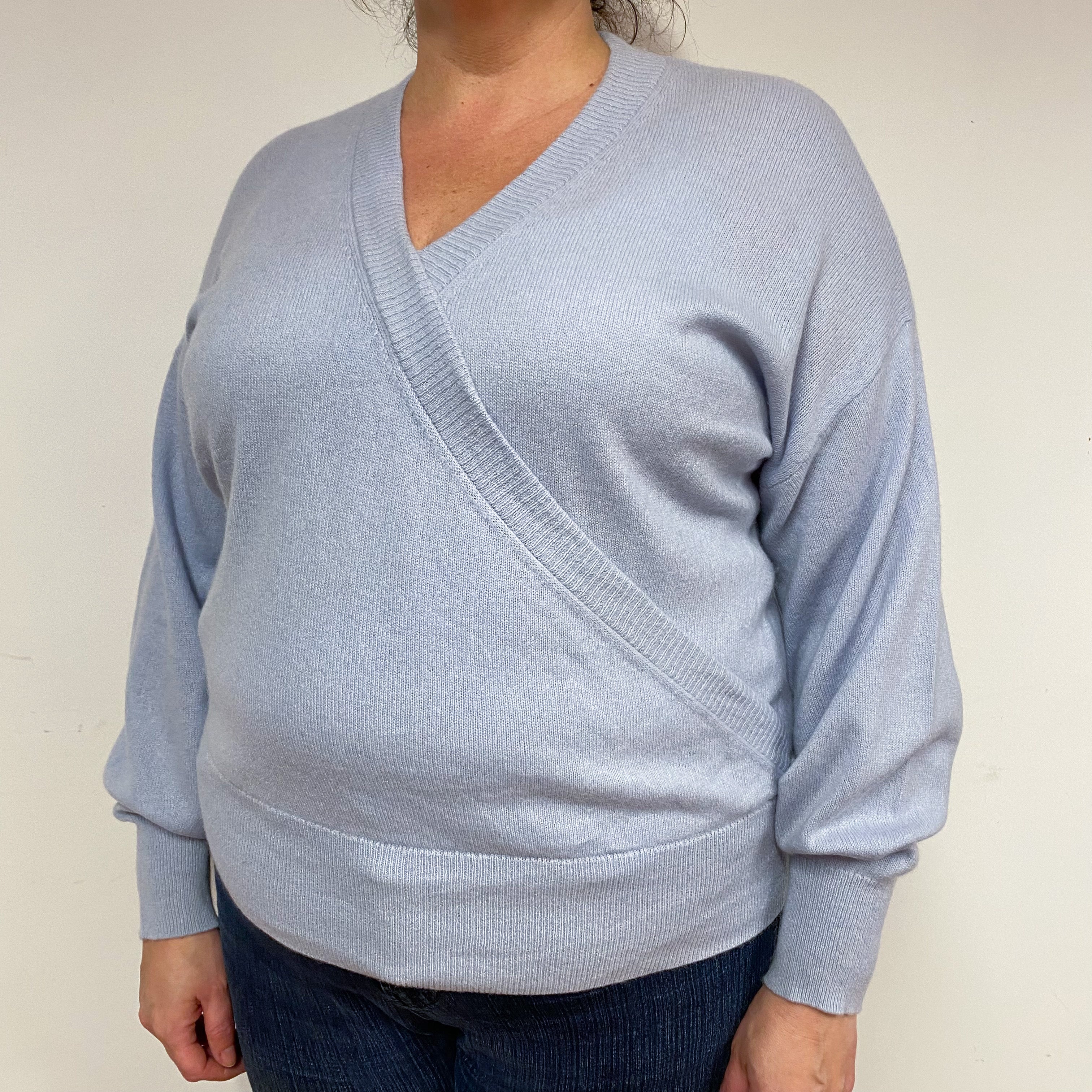 Powder Blue Cross-Over Cashmere V-Neck Jumper Extra Large