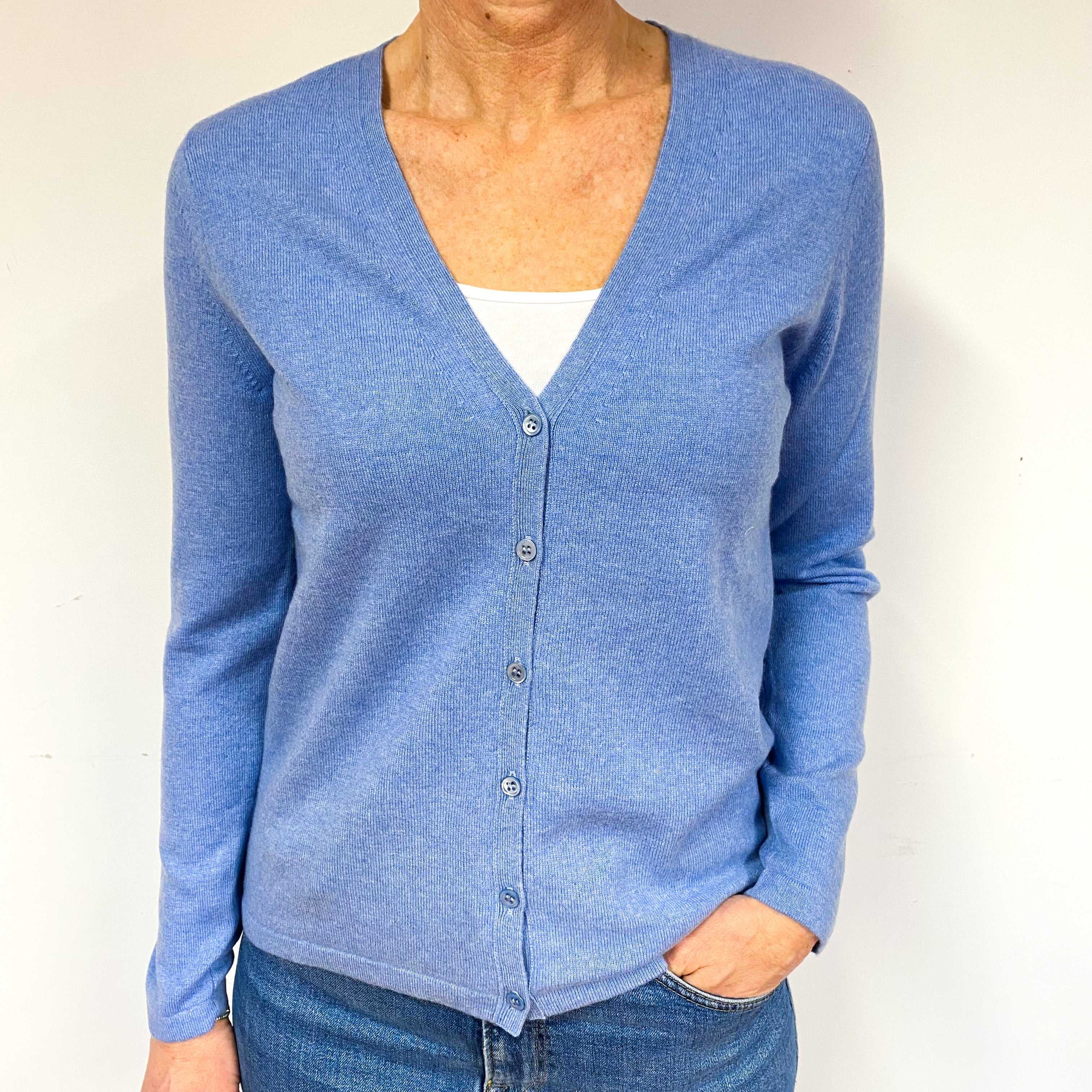 New Pale Denim Blue Cashmere V-Neck Cardigan Medium