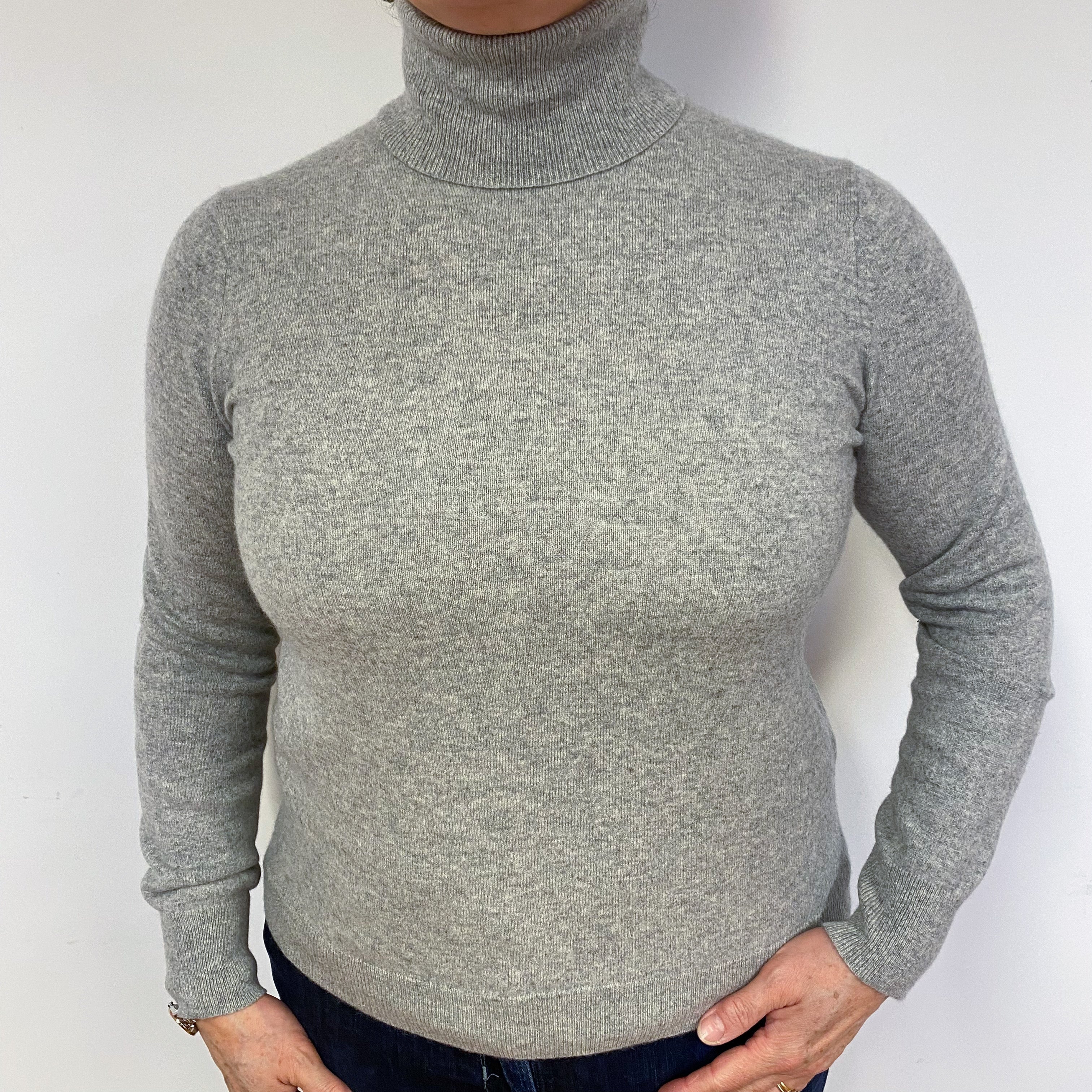 Slim Smoke Grey Cashmere Polo Neck Jumper Large