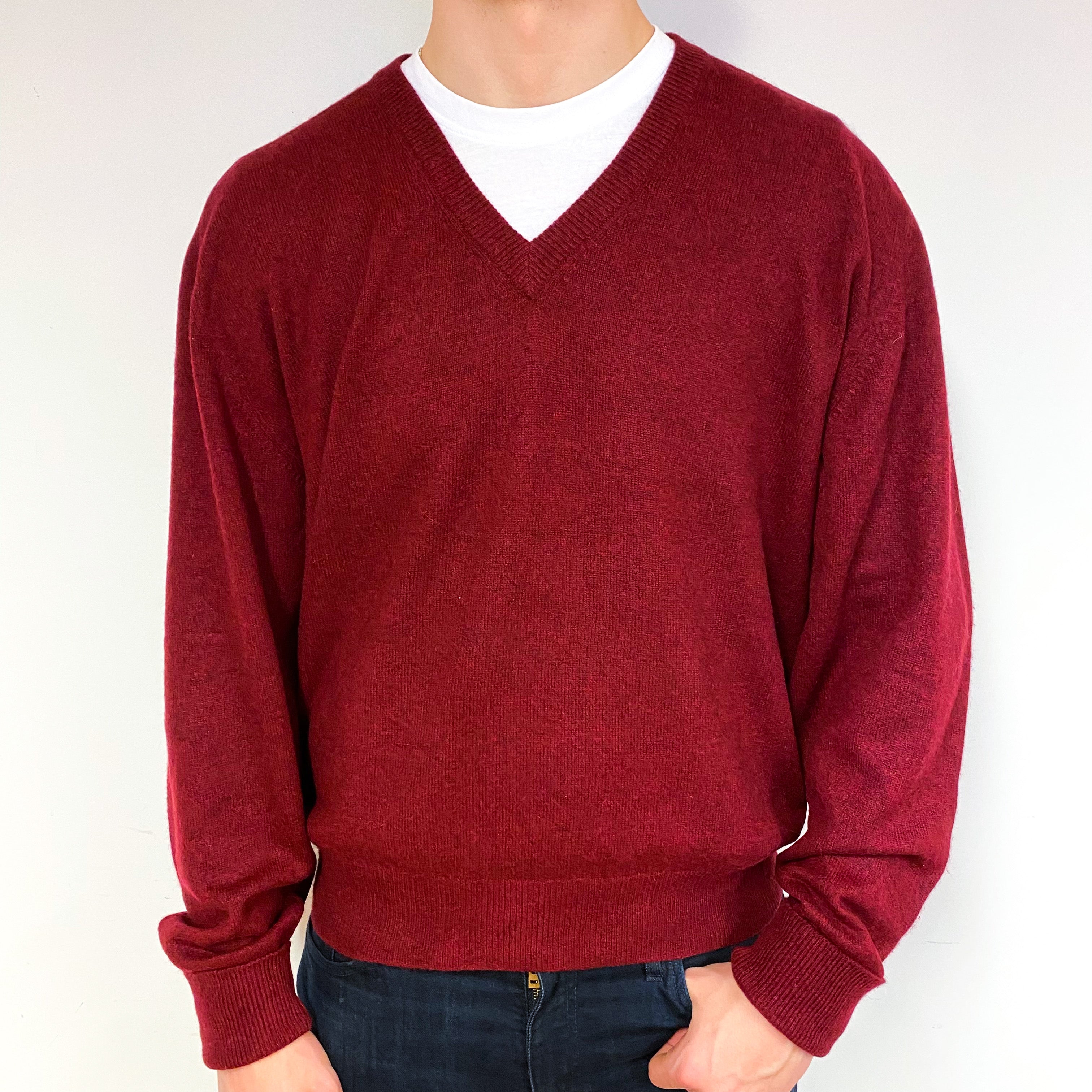 Men's Garnet Red Scottish Cashmere V-Neck Jumper Extra Large